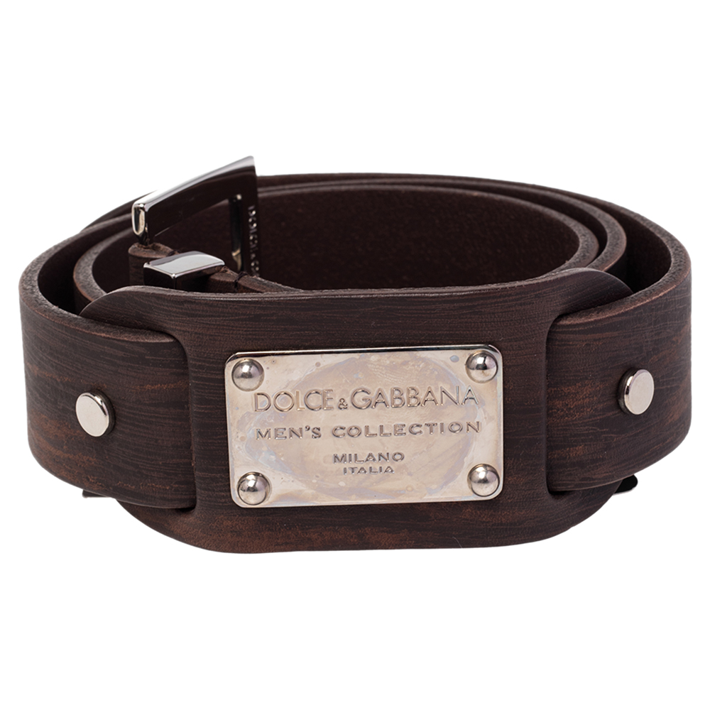 

Dolce & Gabbana Dark Brown Leather Logo Plague Buckle Belt