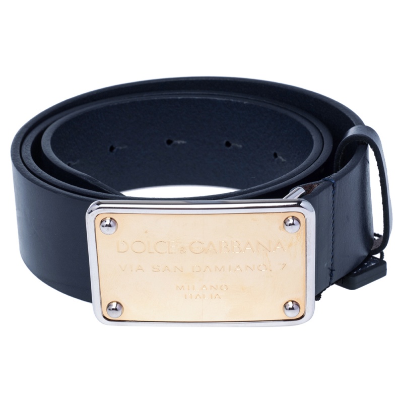 

Dolce & Gabbana Navy Blue Leather Logo Plaque Belt