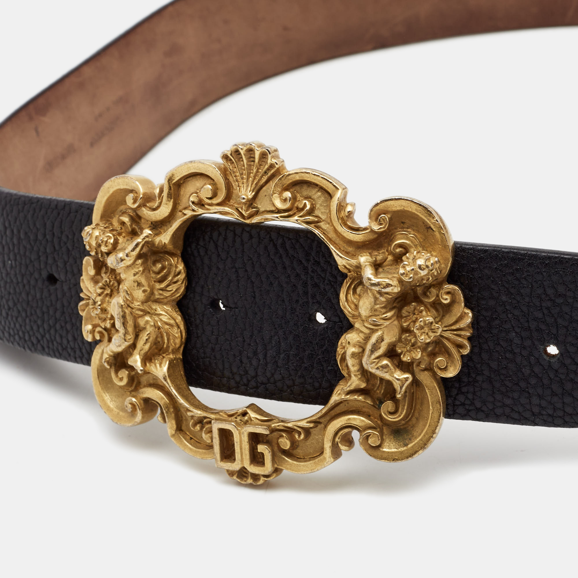 

Dolce & Gabbana Black Leather Cherub Crest Buckle Belt