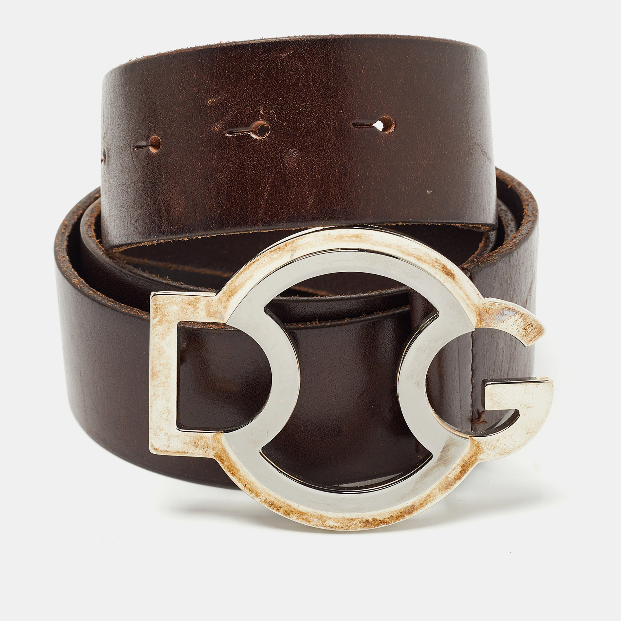 Pre-owned Dolce & Gabbana Brown Leather Dg Logo Buckle Belt 90 Cm