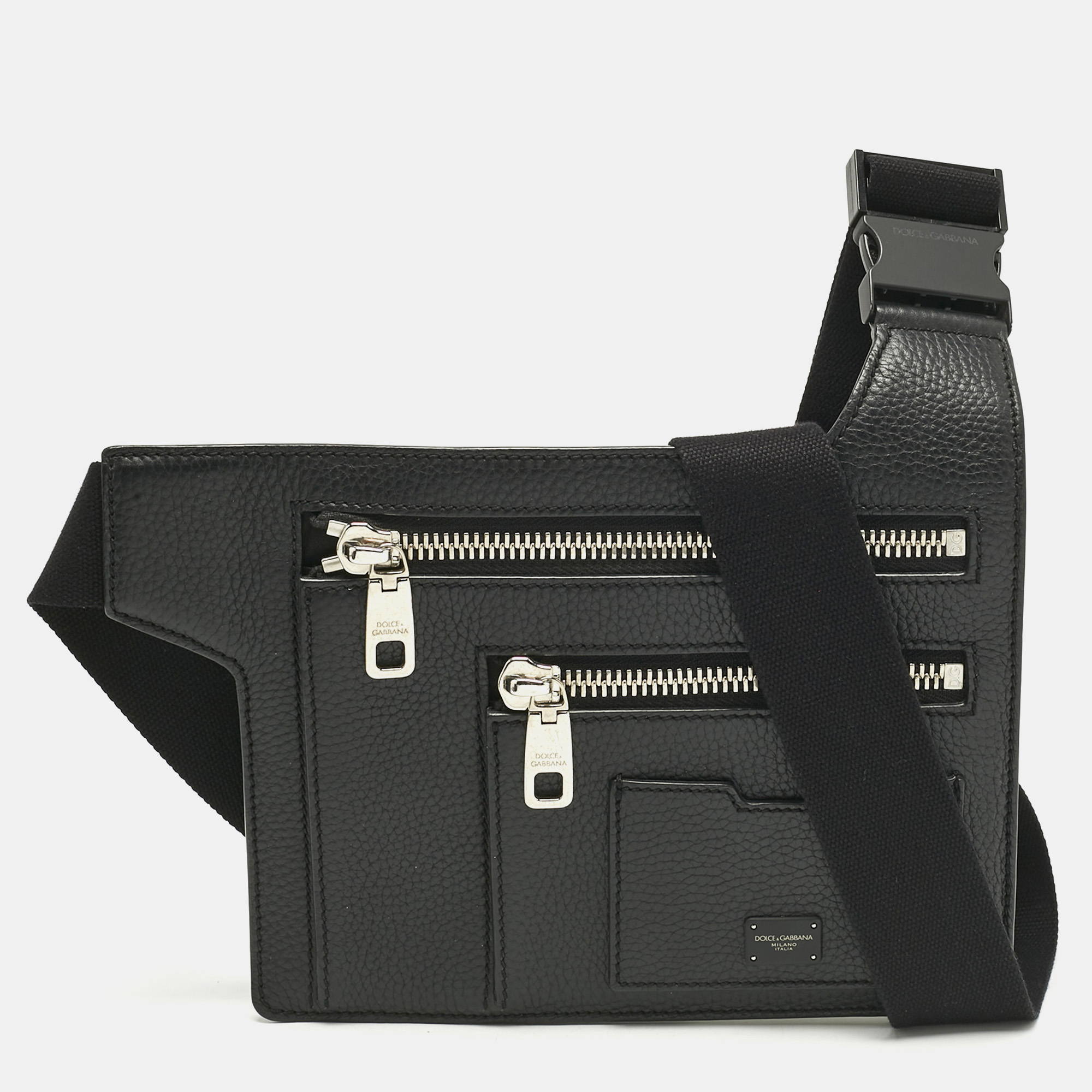 

Dolce & Gabbana Black Leather Palermo Angular Multi-Zip Flat Belt Bag