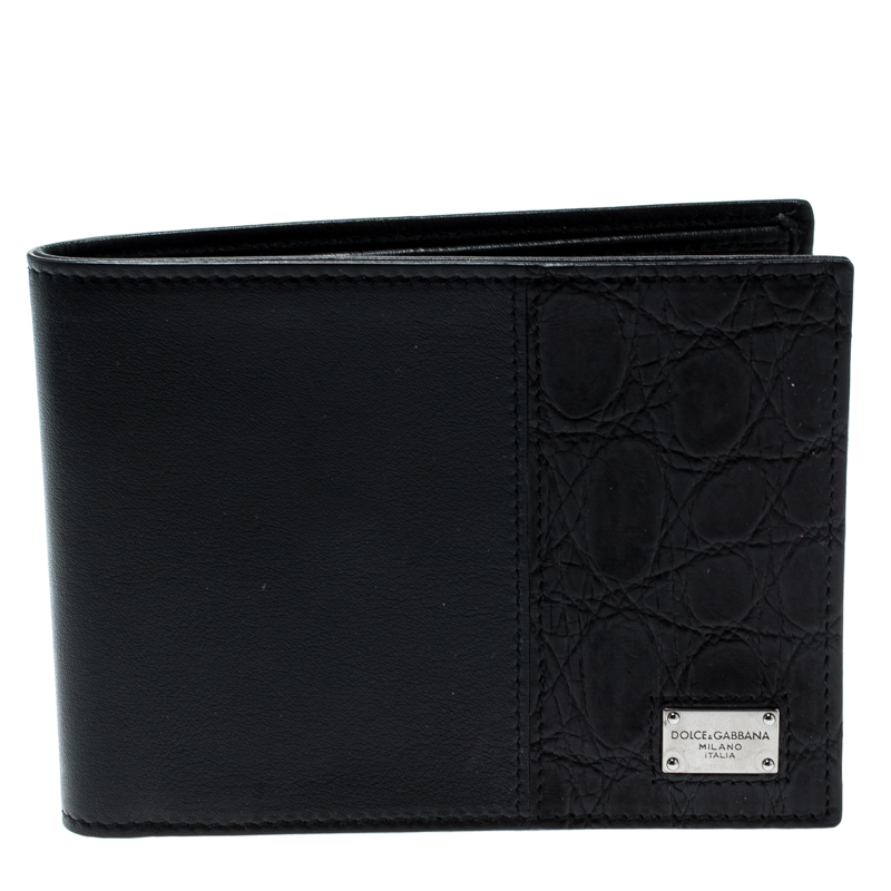 Pre Owned Dolce & Gabbana Black Leather and Croc Bifold Wallet