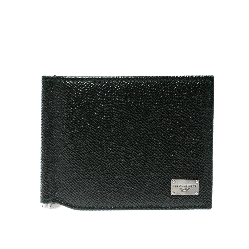 Pre Owned Dolce and Gabbana Dark Green Leather Money Clip Bifold Card Holder