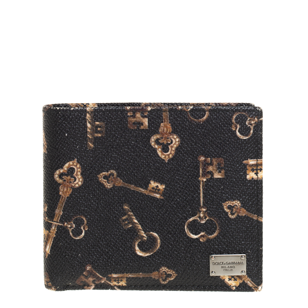Pre-owned Dolce & Gabbana Black Key Print Leather Bifold Wallet