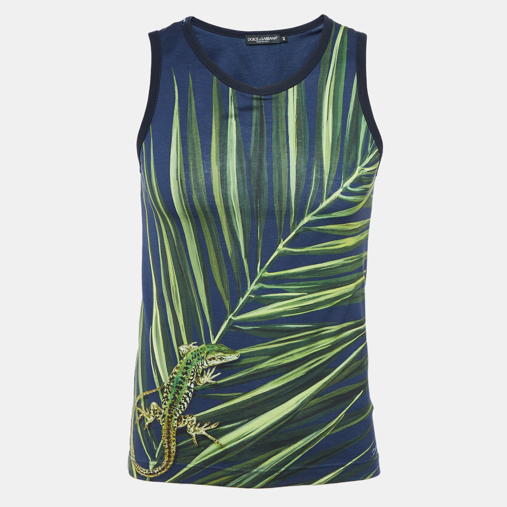 

Dolce & Gabbana Navy Printed Cotton Knit Sleeveless T-Shirt XS, Navy blue