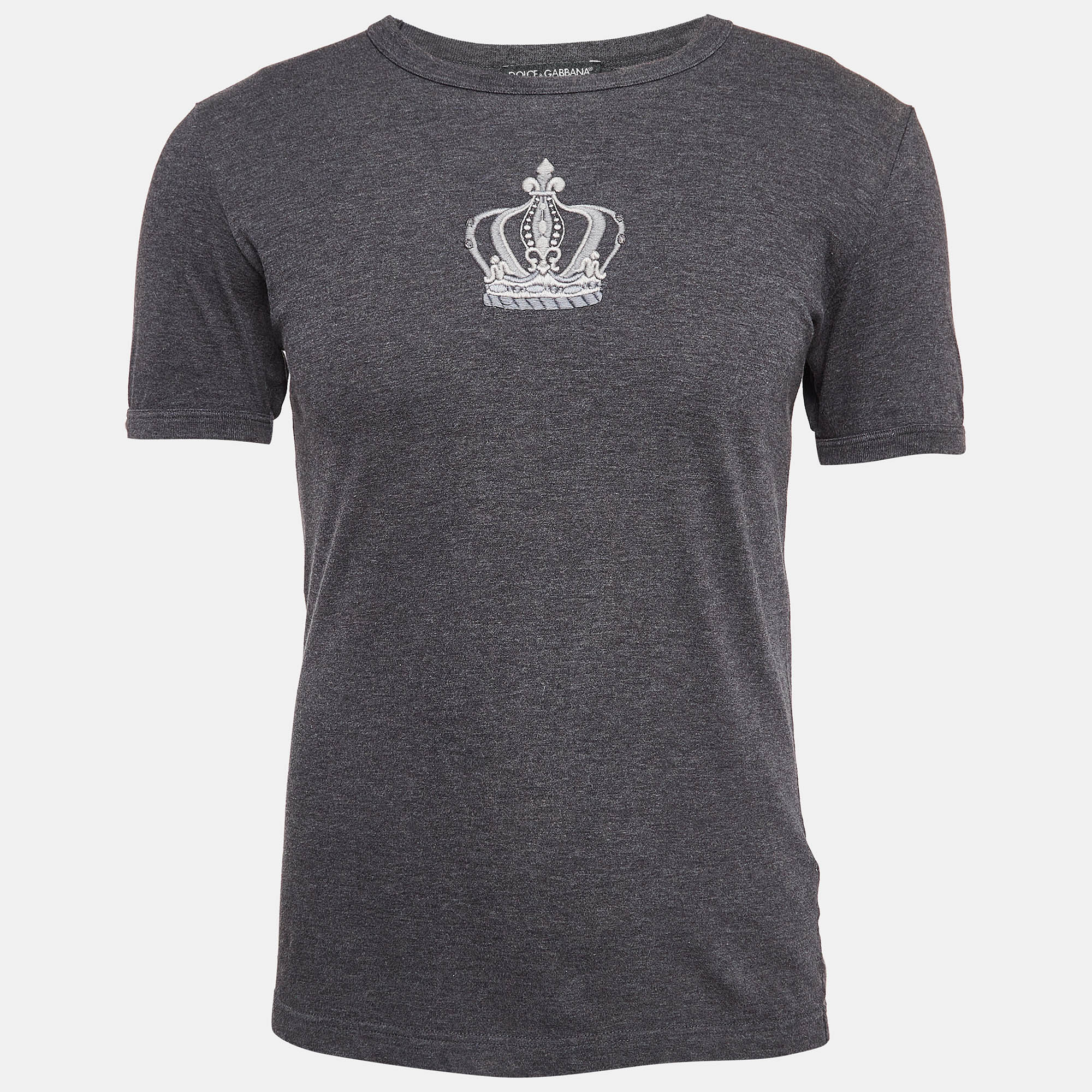 

Dolce & Gabbana Grey Crown Embroidered Cotton T-Shirt S