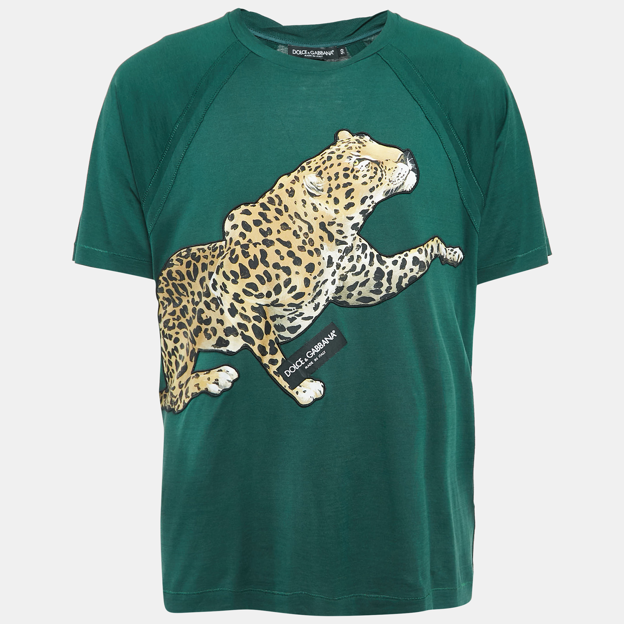 

Dolce & Gabbana Green Leopard Applique Cotton Jersey T-Shirt L