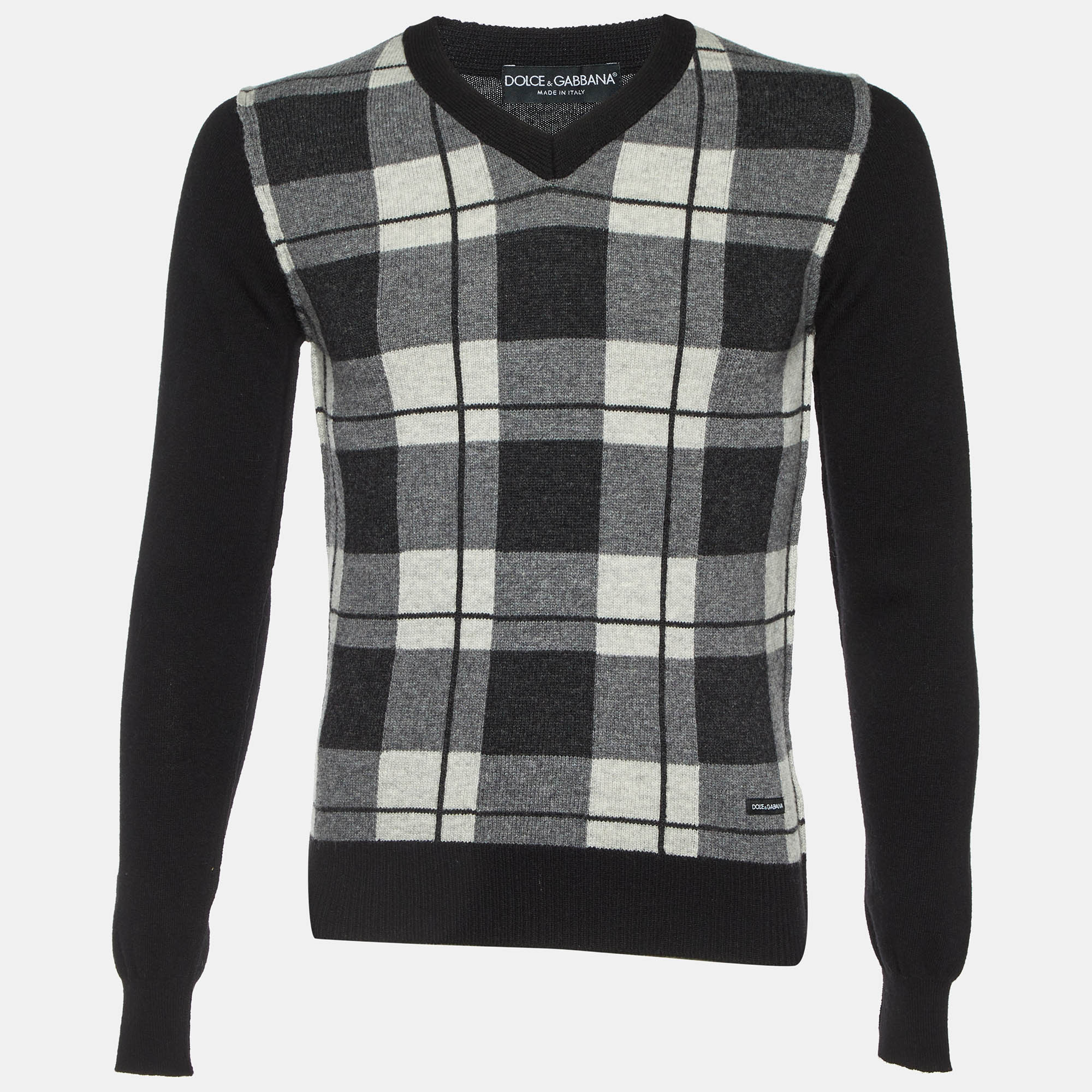 

Dolce & Gabbana Black Checked Wool V-Neck Sweater M