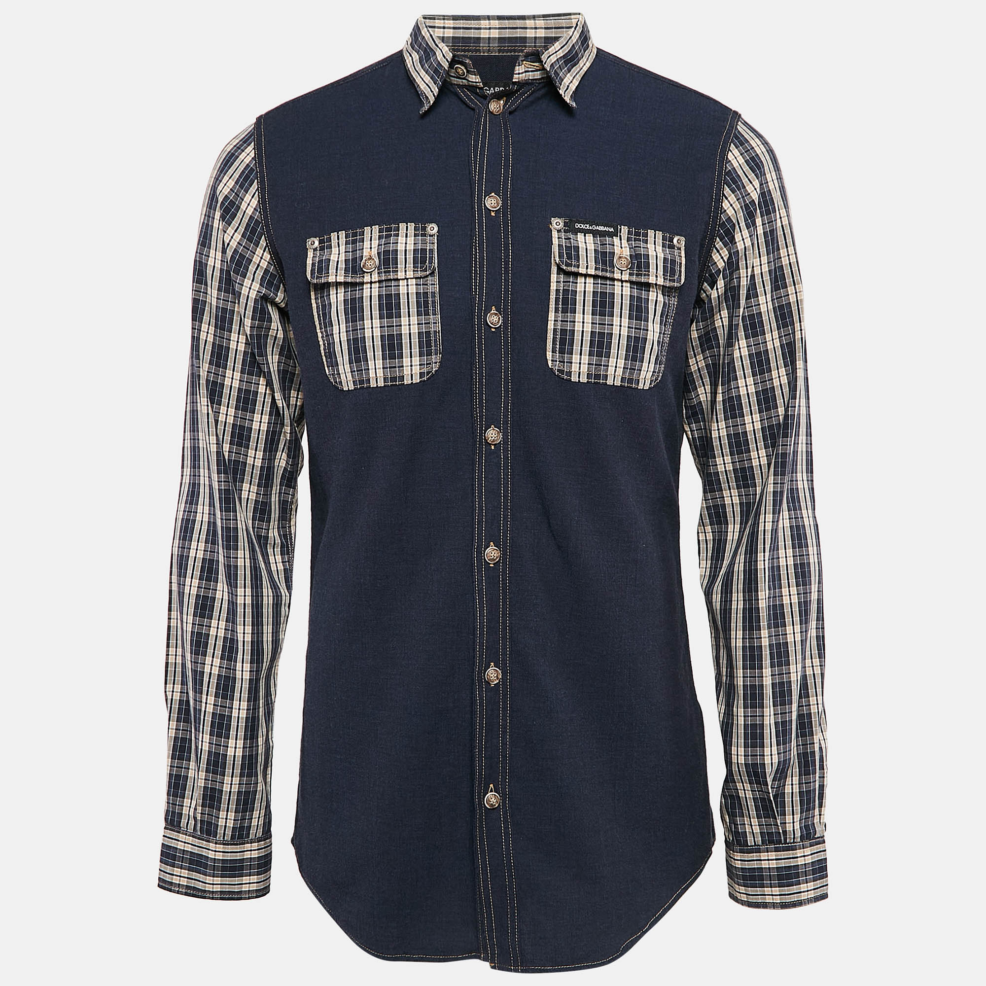 

Dolce & Gabbana Blue Checked Denim Long Sleeve Shirt M