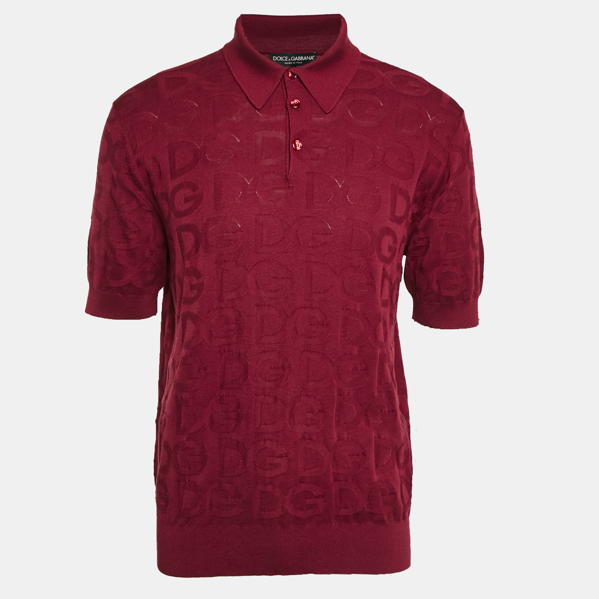 

Dolce & Gabbana Burgundy Monogram Silk Jacquard Knit Polo T-Shirt XL