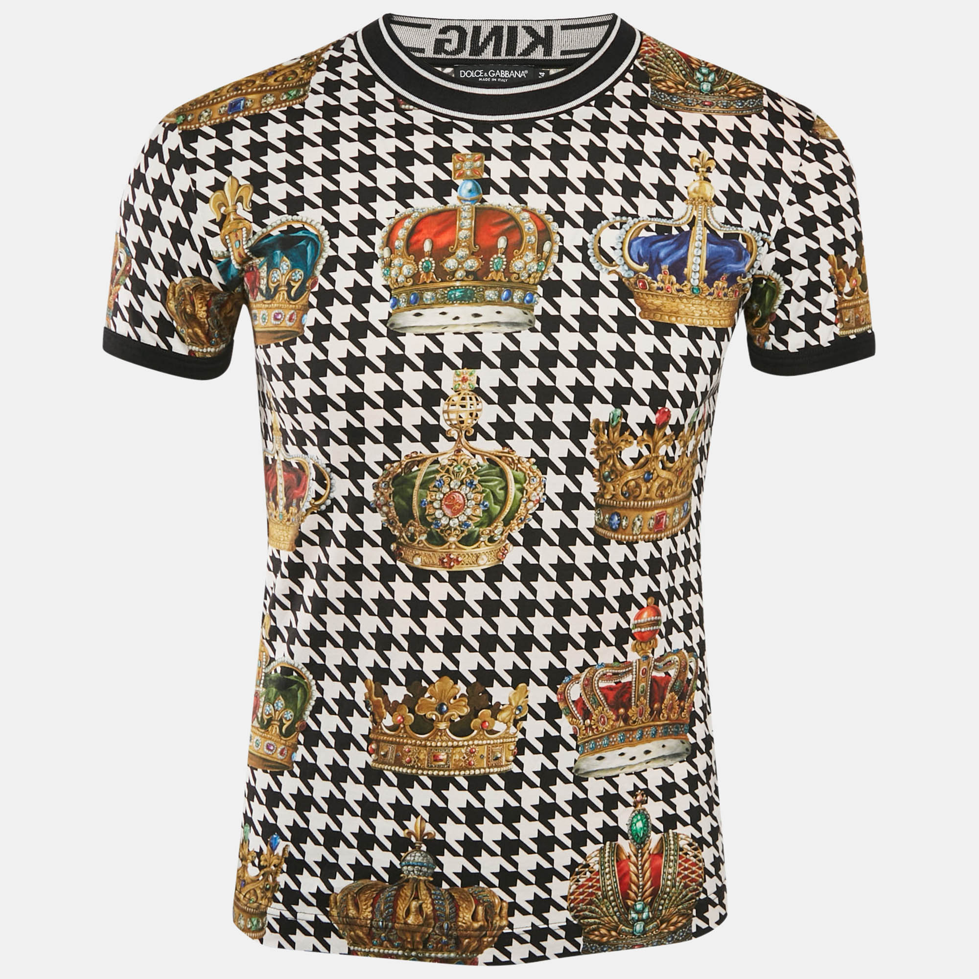 

Dolce & Gabbana Black Houndstooth and Crown Print Jersey T-Shirt XS