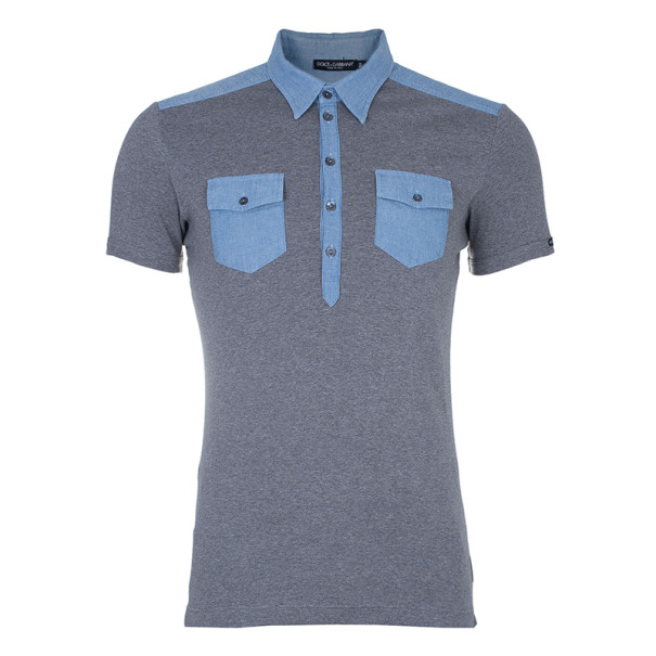 Pre Owned Dolce and Gabbana Men’s Grey Light Denim Contrast Collar Polo Shirt XL