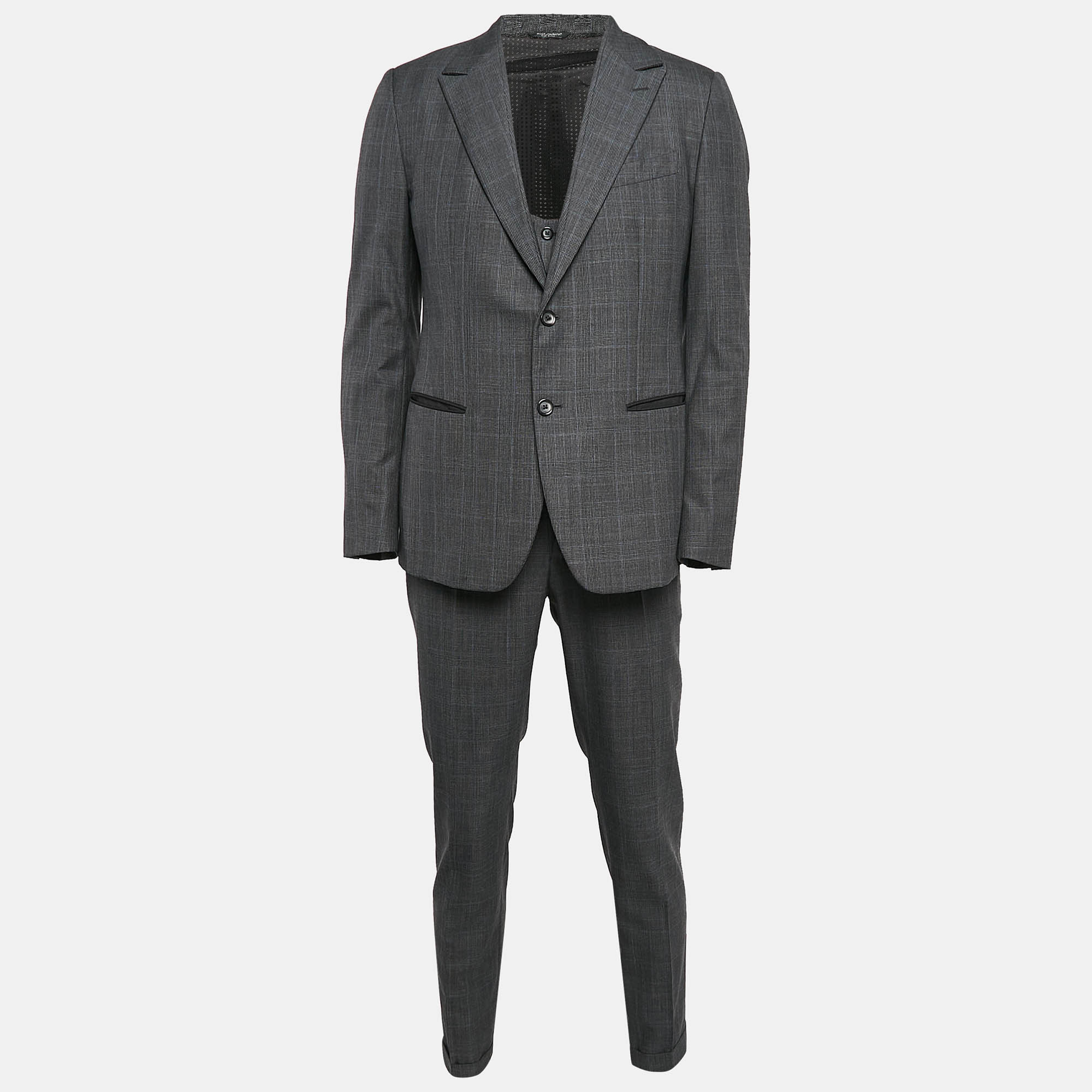 

Dolce & Gabbana Grey Plaid Wool Tailored 3 pc Suit Set L