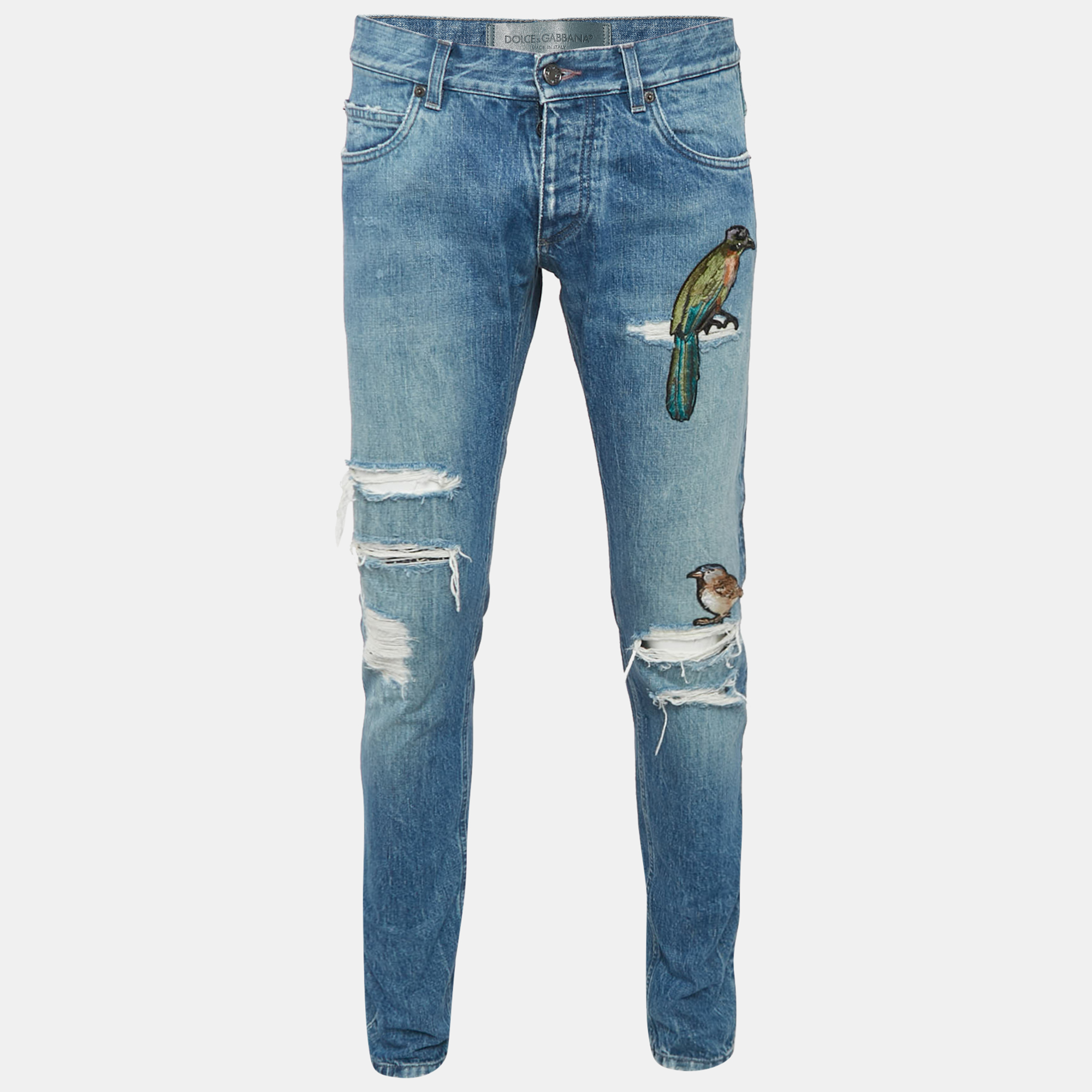 

Dolce & Gabbana Blue Bird Applique Denim Ripped Jeans M Waist 32"