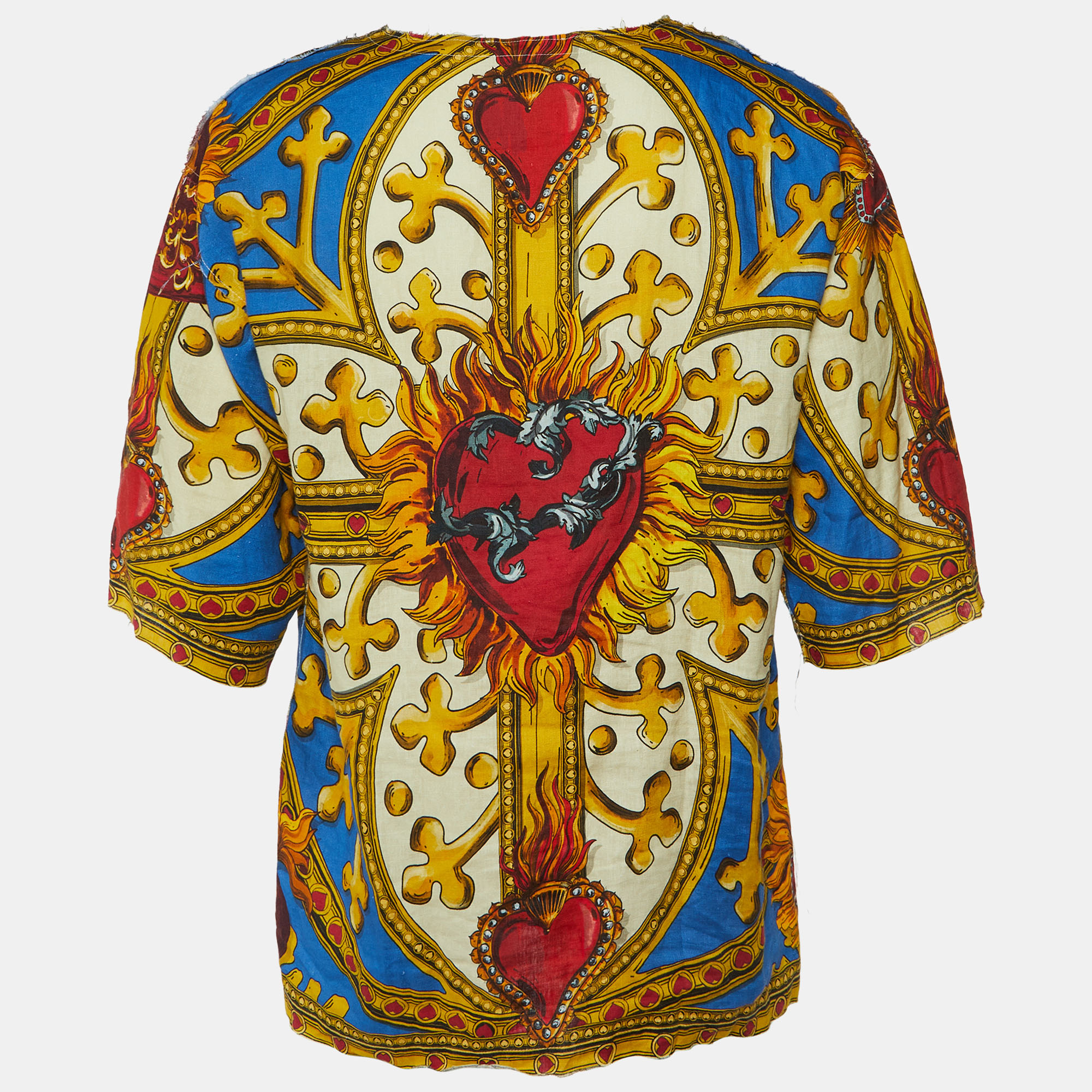 Dolce & Gabbana Multicolor Sacred Heart Print Linen & Cotton Oversized T-Shirt L 