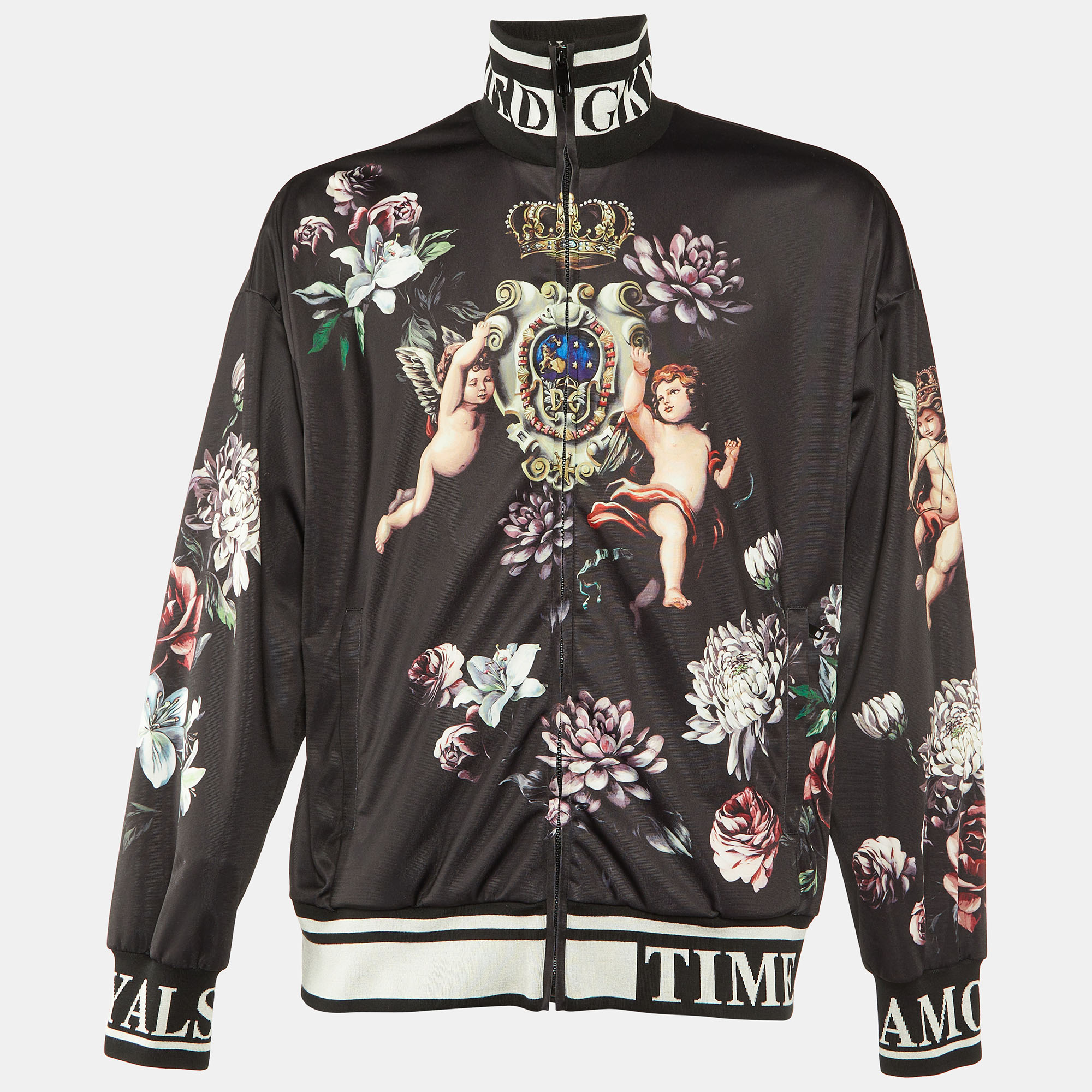 

Dolce & Gabbana Black Floral Angels Print Satin Bomber Jacket M