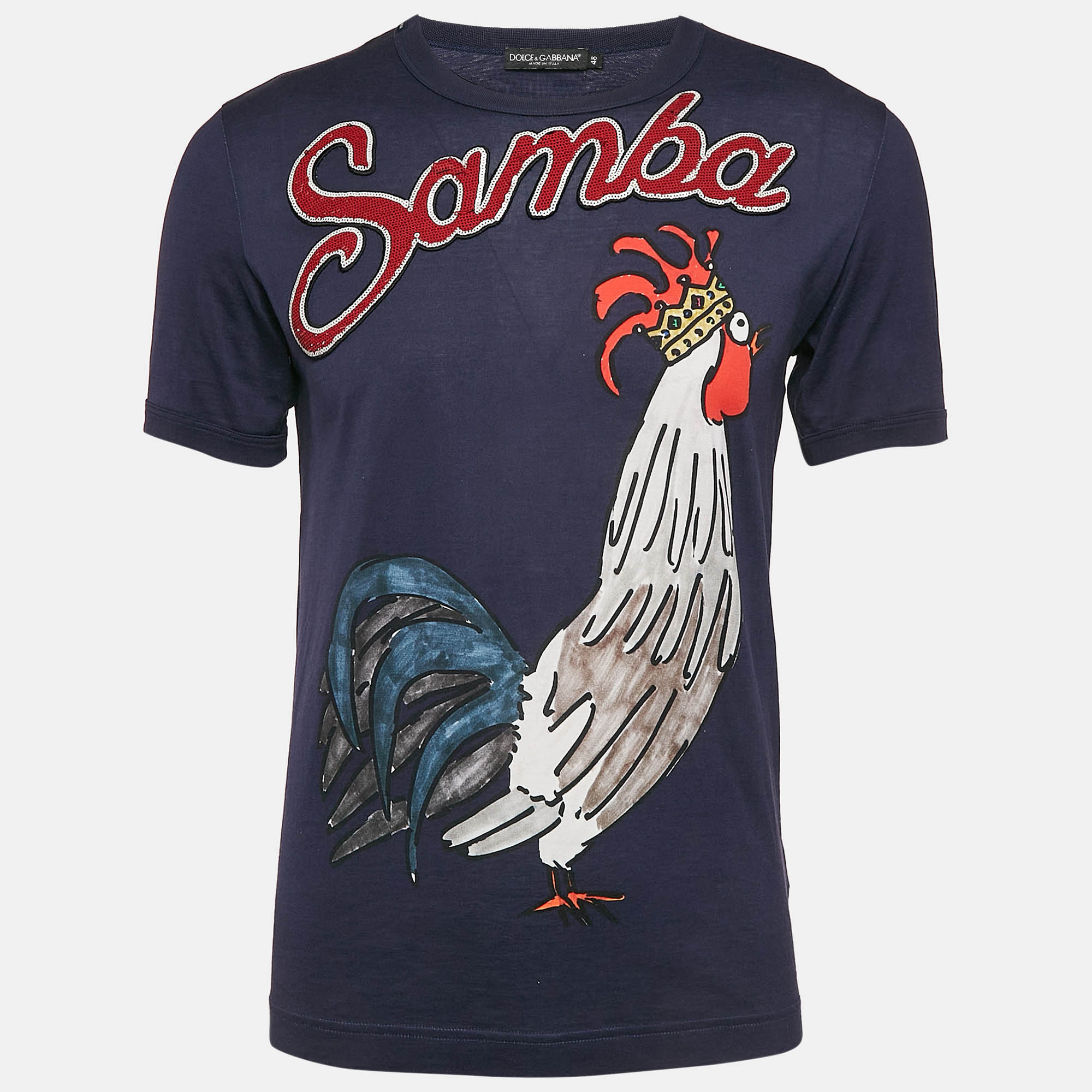 

Dolce & Gabbana Navy Blue Rooster Print and Embellished Cotton T-Shirt M