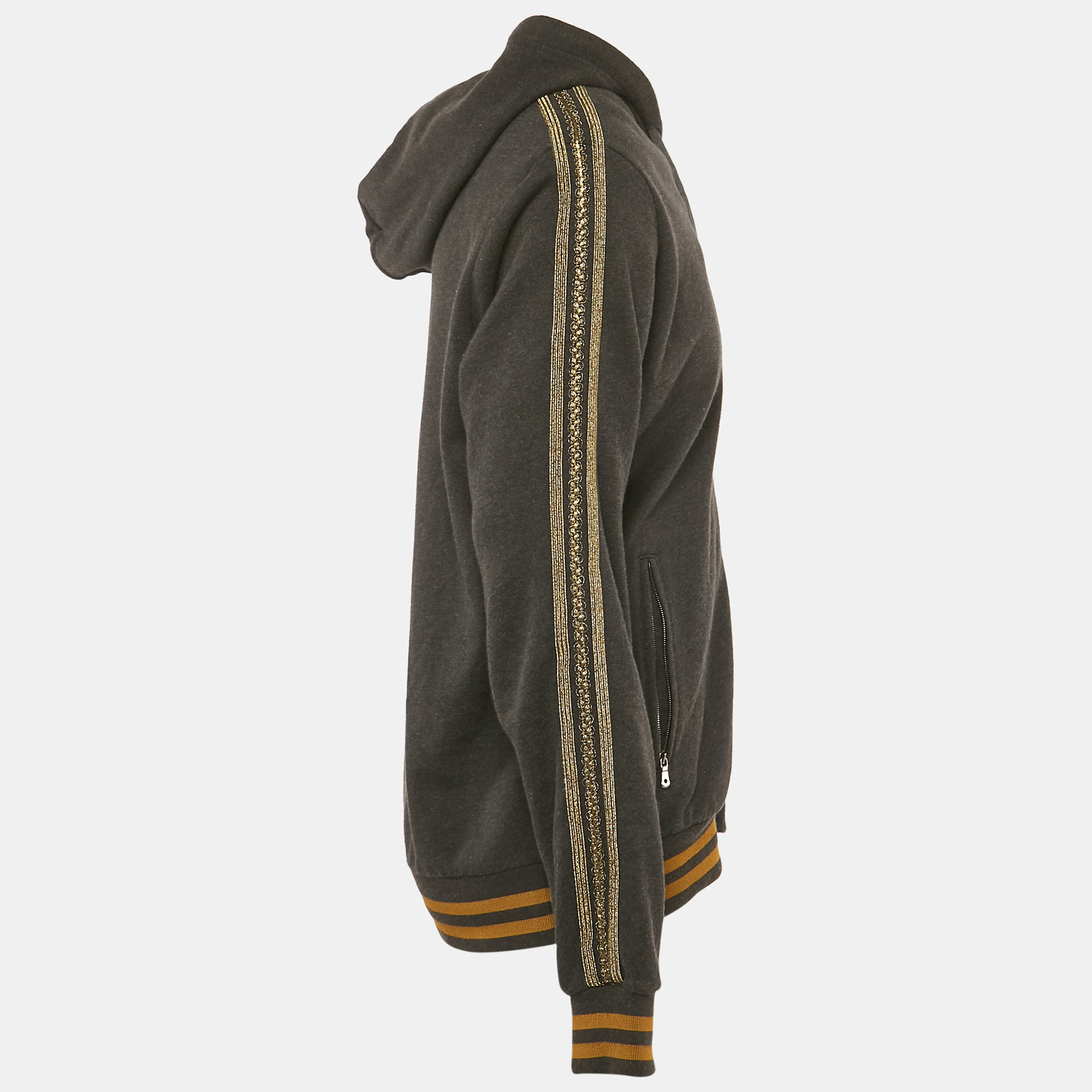 Dolce & Gabbana Charcoal Grey Cotton Knit Lace Trim Detail Hooded Jacket XXL 