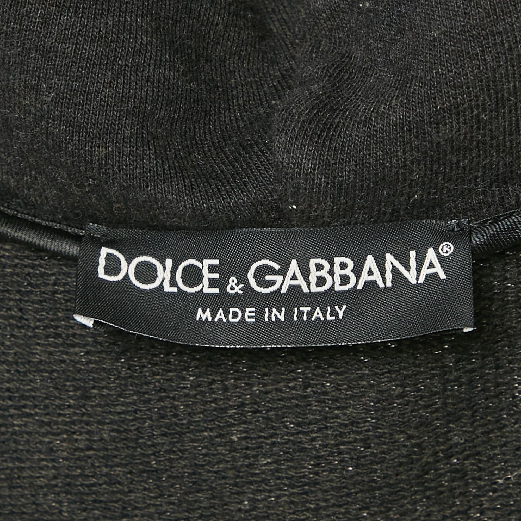 Dolce & Gabbana Charcoal Grey Cotton Knit Lace Trim Detail Hooded Jacket XXL 