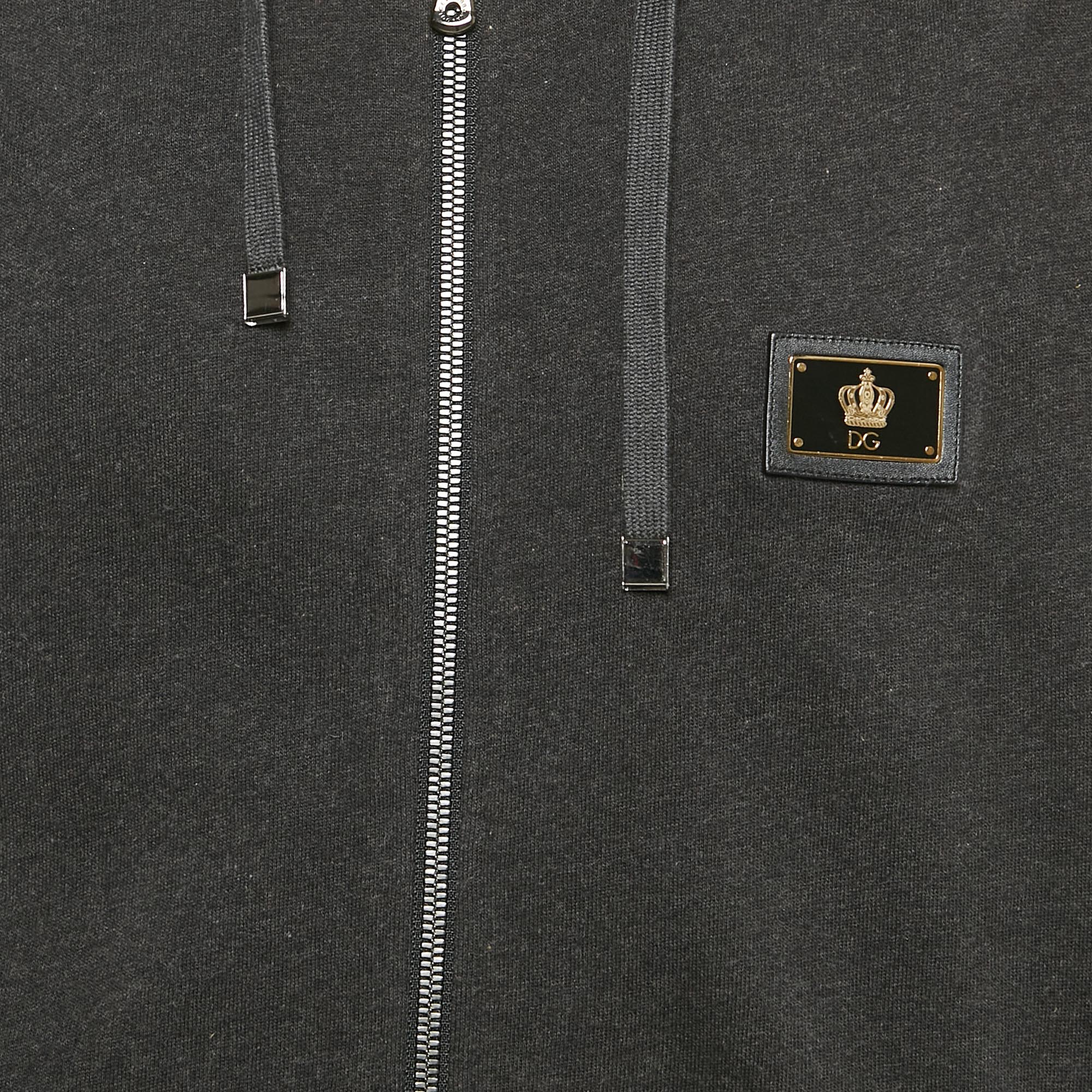 Dolce & Gabbana Charcoal Grey Cotton Knit Lace Trim Detail Hooded Jacket XXL 