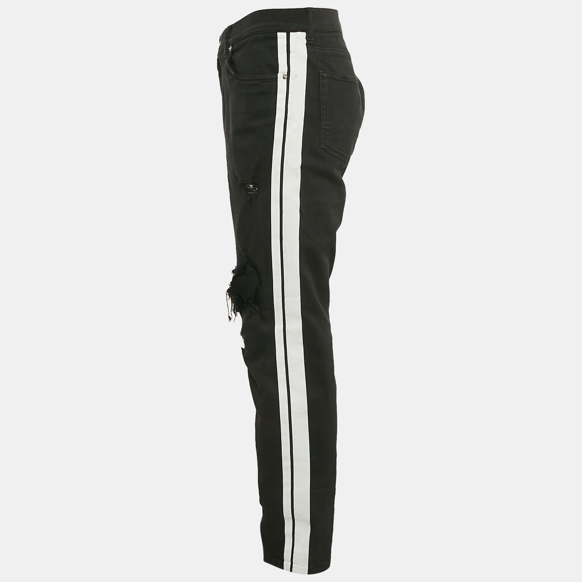 Dolce & Gabbana Black Side Stripe Denim Ripped Skinny Jeans Waist 38