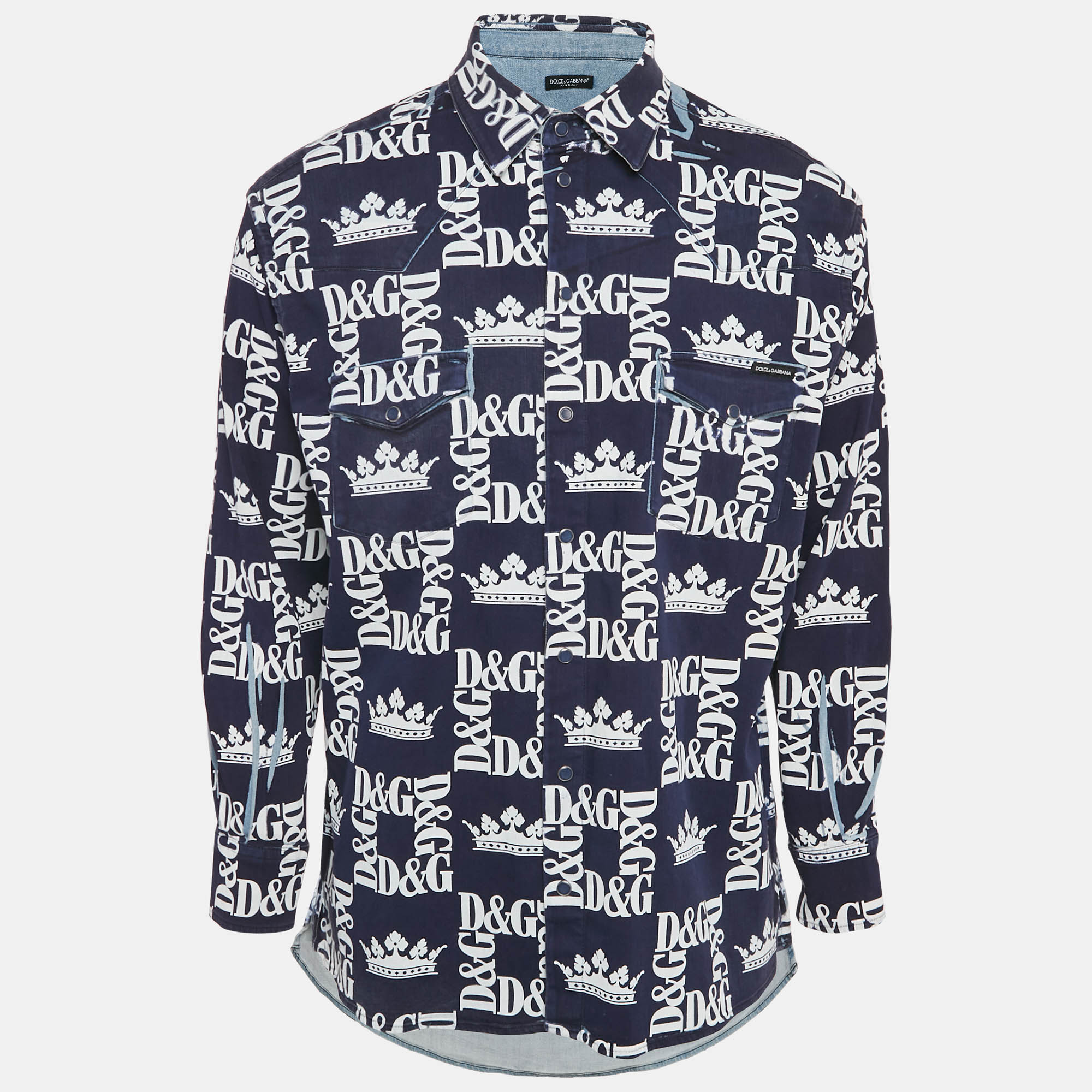 

Dolce & Gabbana Navy Blue Logo Print Denim Button Front Shirt M