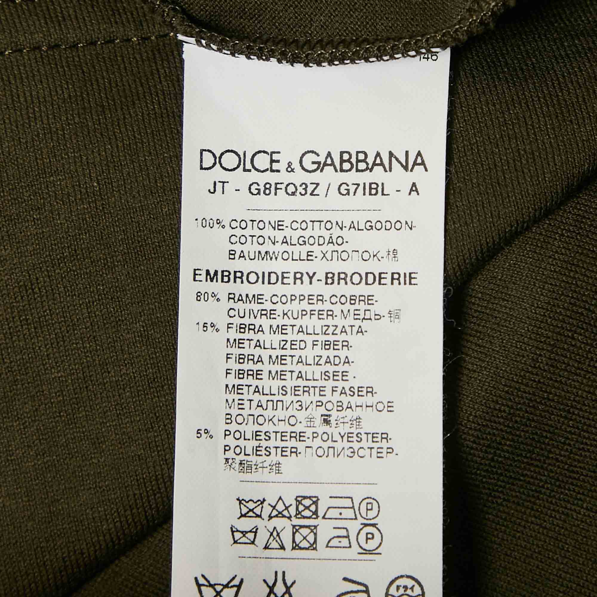Dolce & Gabbana Green Embroidered Jersey Long Sleeve T-Shirt L 