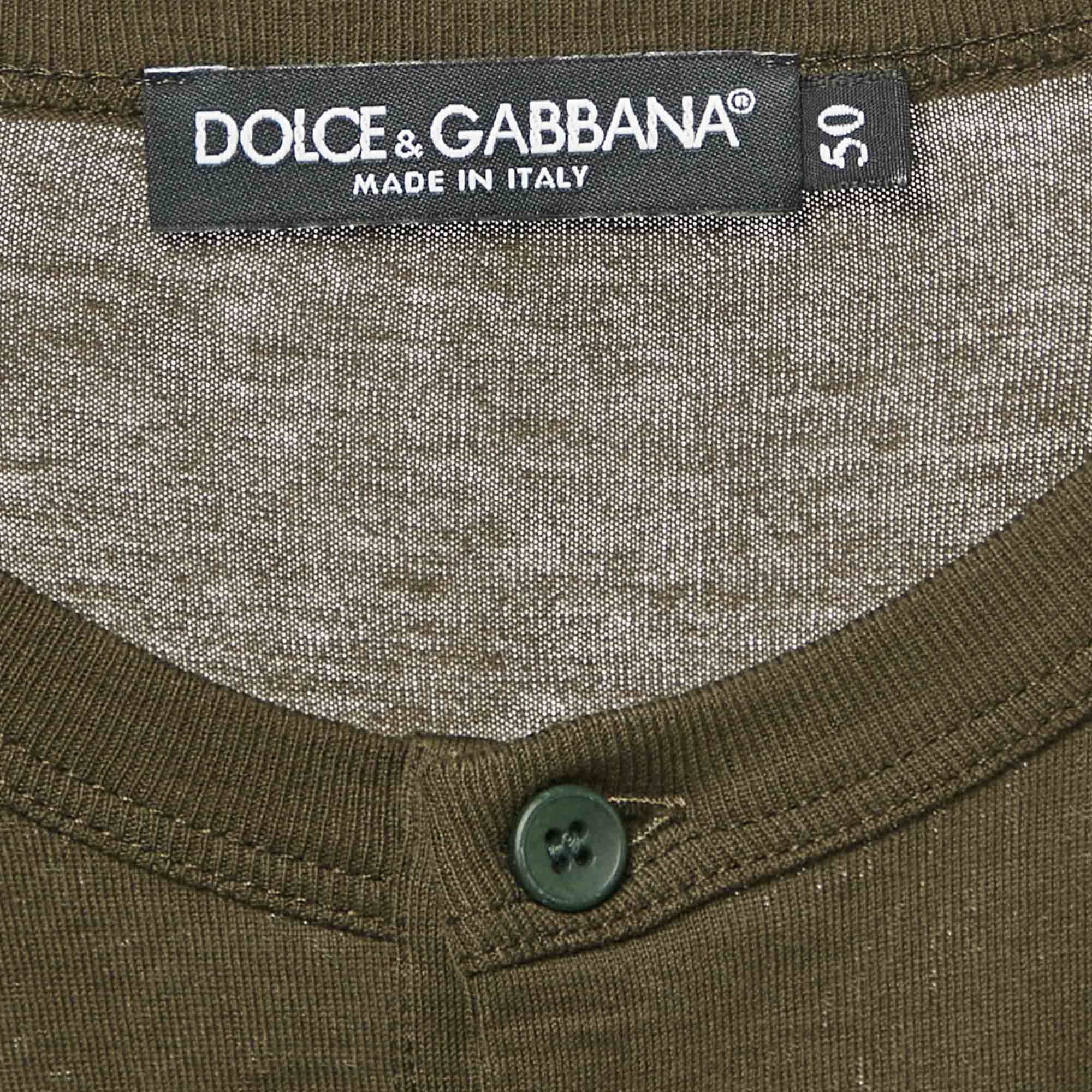 Dolce & Gabbana Green Embroidered Jersey Long Sleeve T-Shirt L 