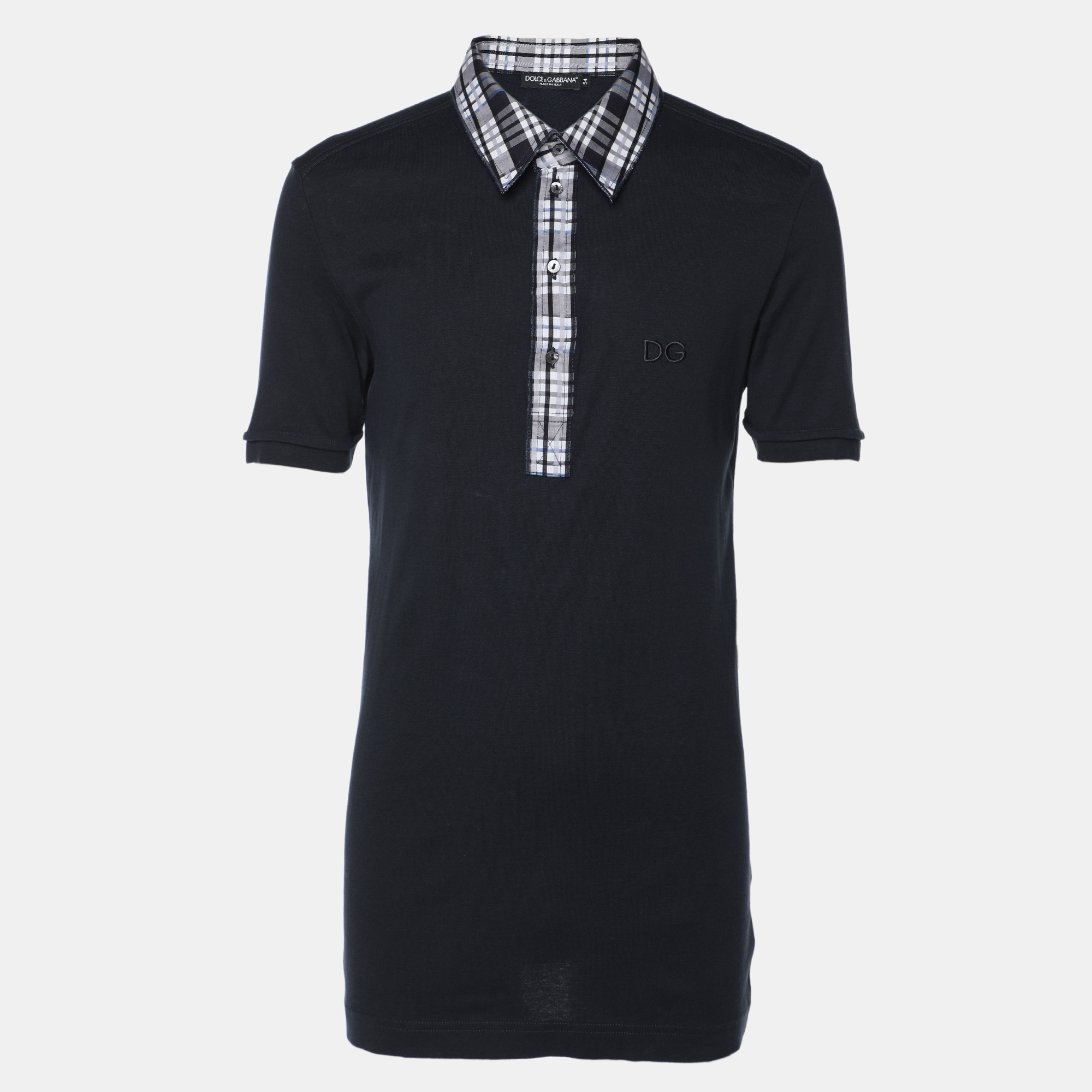 

Dolce & Gabbana Navy Blue Cotton Plaid Trim Detail Polo T-Shirt XXL