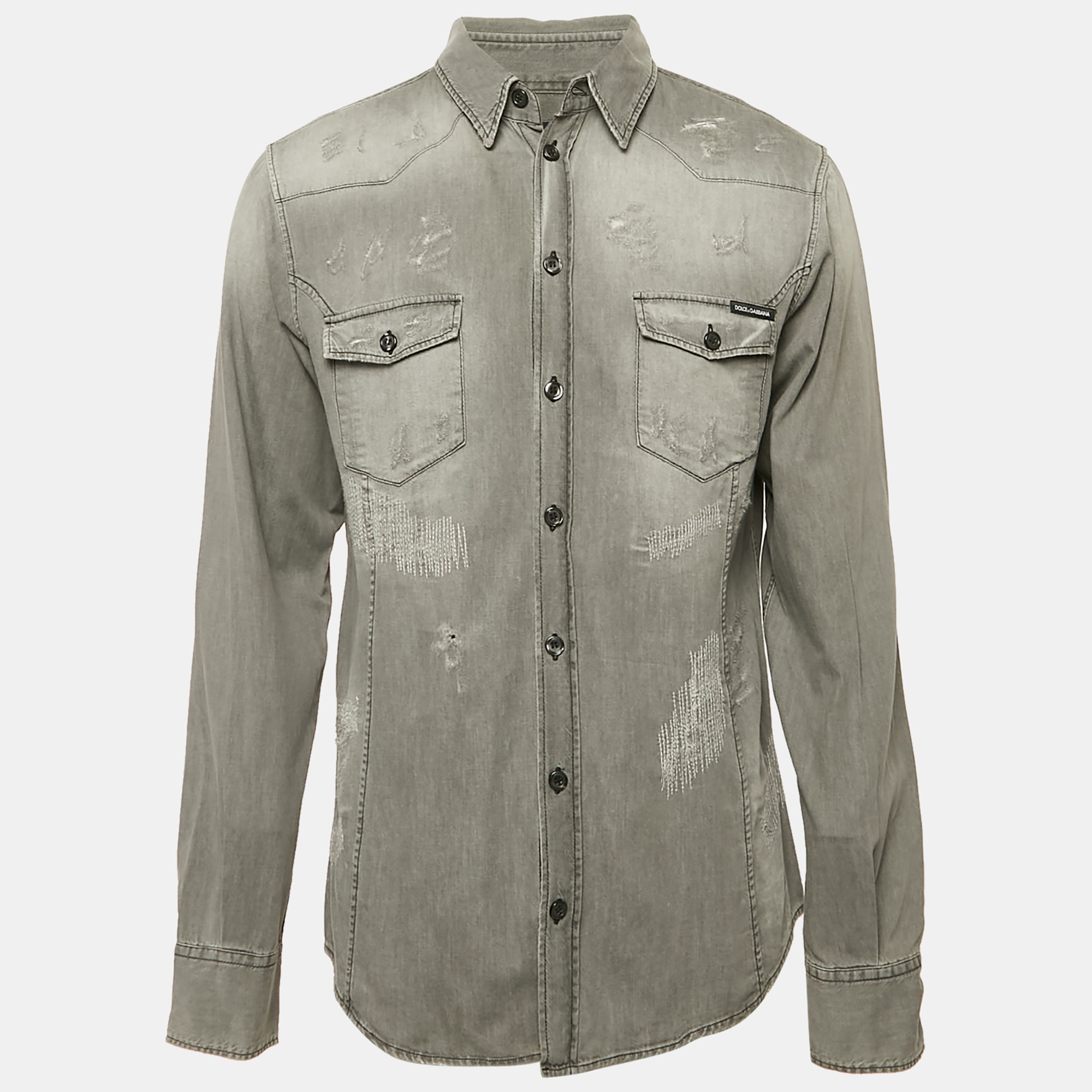 

Dolce & Gabbana Grey Distressed Denim Gold Shirt XXL