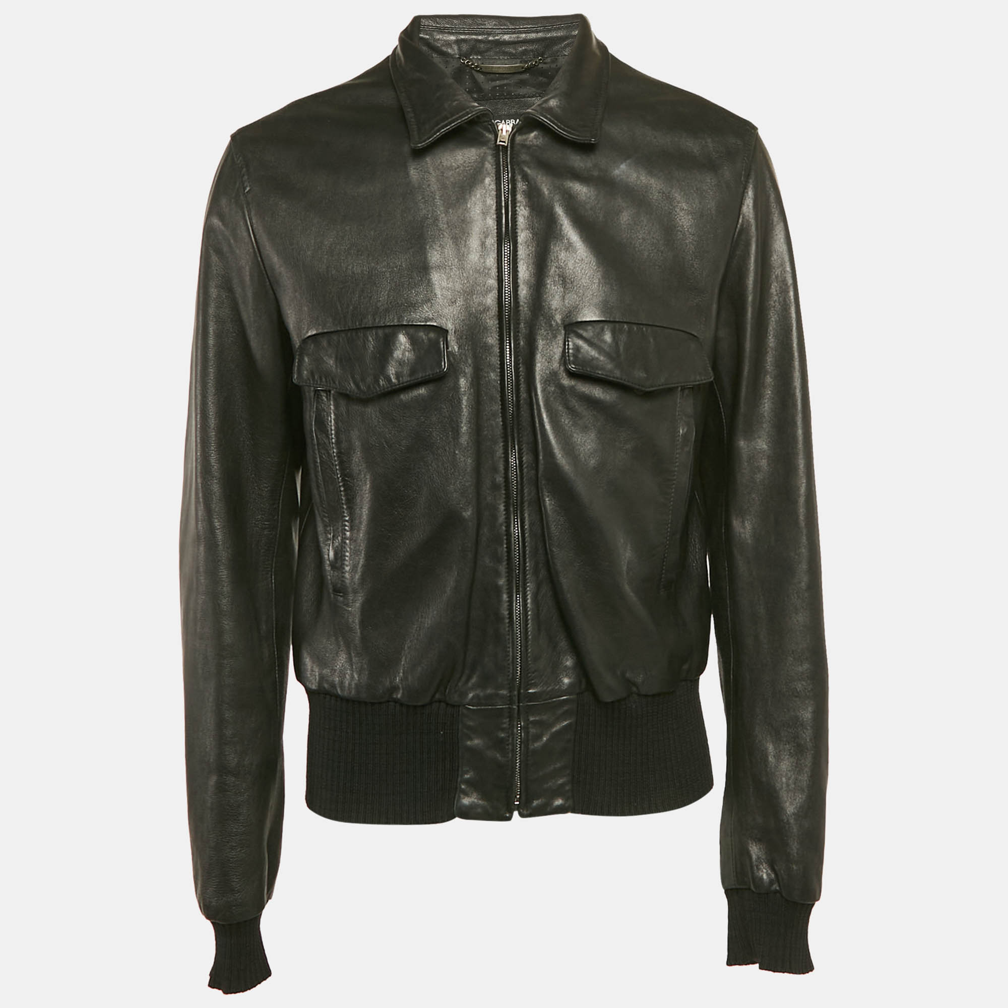 

Dolce & Gabbana Black Rib Kit Trim Leather Zip-Up Jacket XL