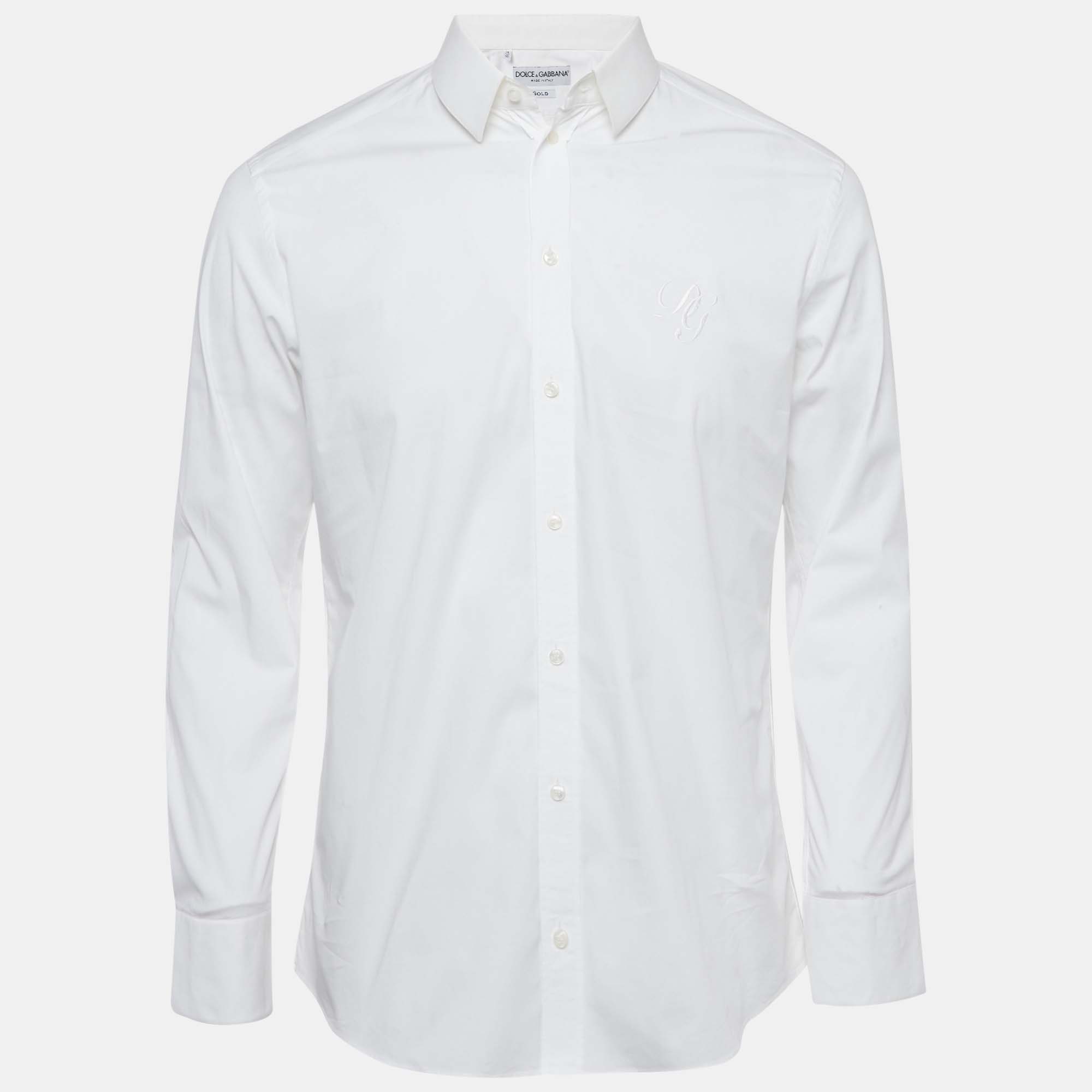 Dolce & Gabbana Gold White Cotton Long Sleeve Button Front Shirt L