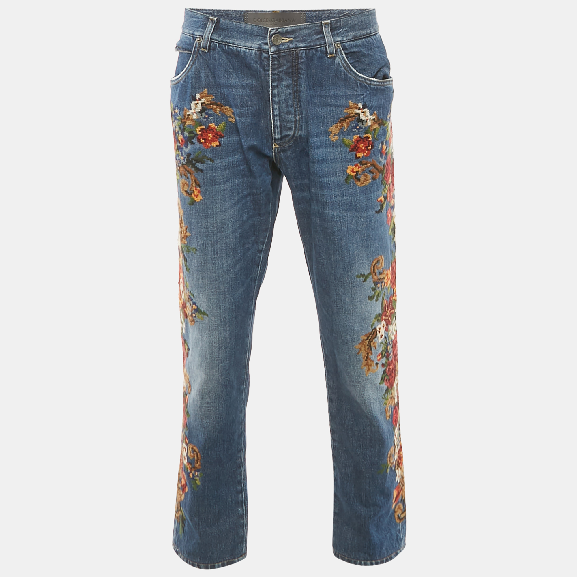 

Dolce & Gabbana Blue Floral-Embroidered Denim 16 Classic Jeans XXL Waist 36"