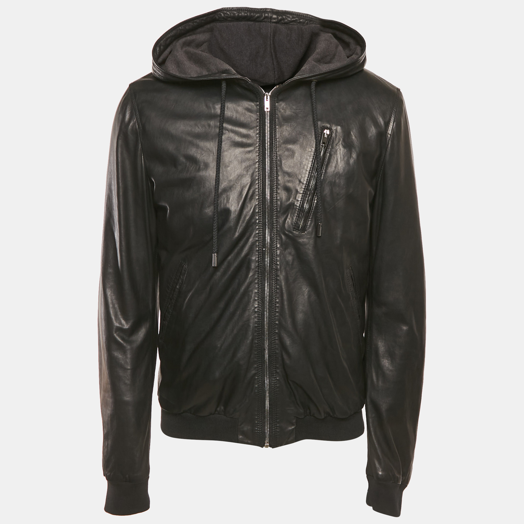 

Dolce & Gabbana Black Leather Hooded Jacket XL