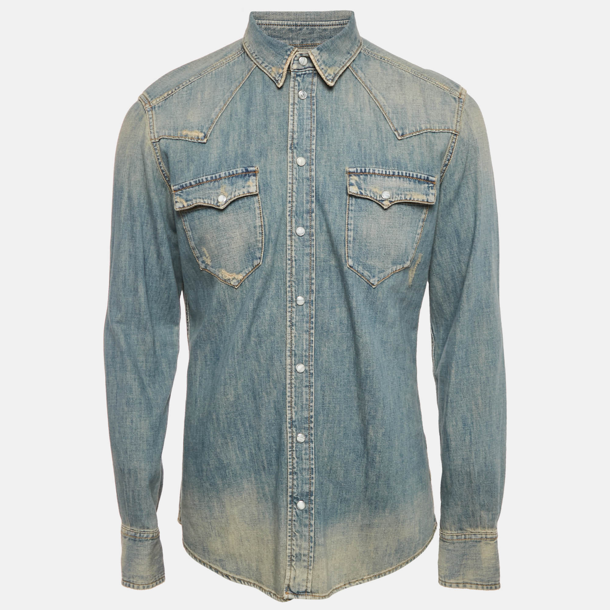 

Dolce & Gabbana Blue Faded Distressed Denim Shirt XL