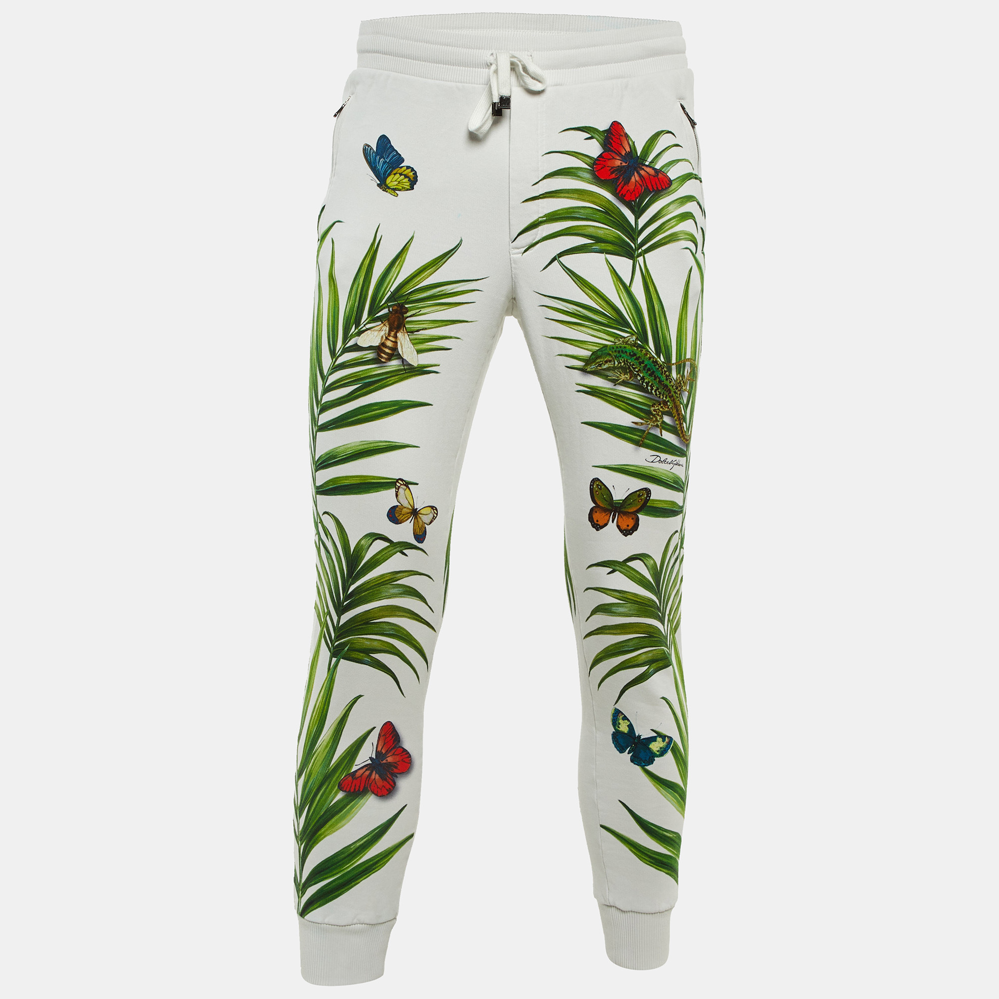 

Dolce & Gabbana White Tropical Print Cotton Jogger Pants S