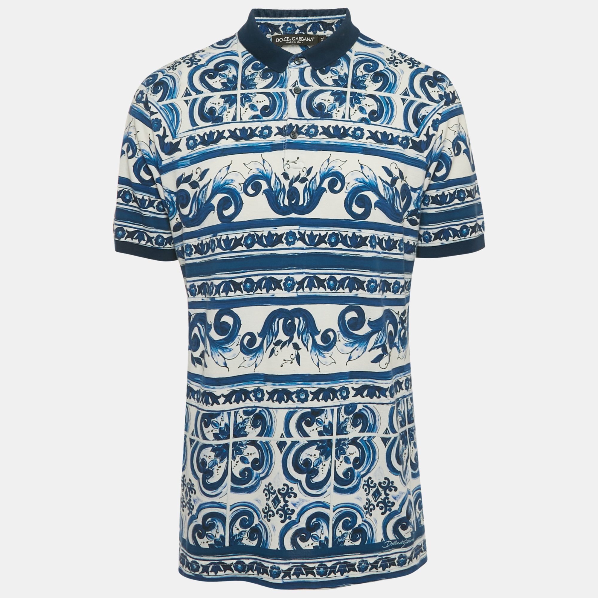 

Dolce & Gabbana Blue Majolica Print Cotton Pique Polo T-Shirt XXL