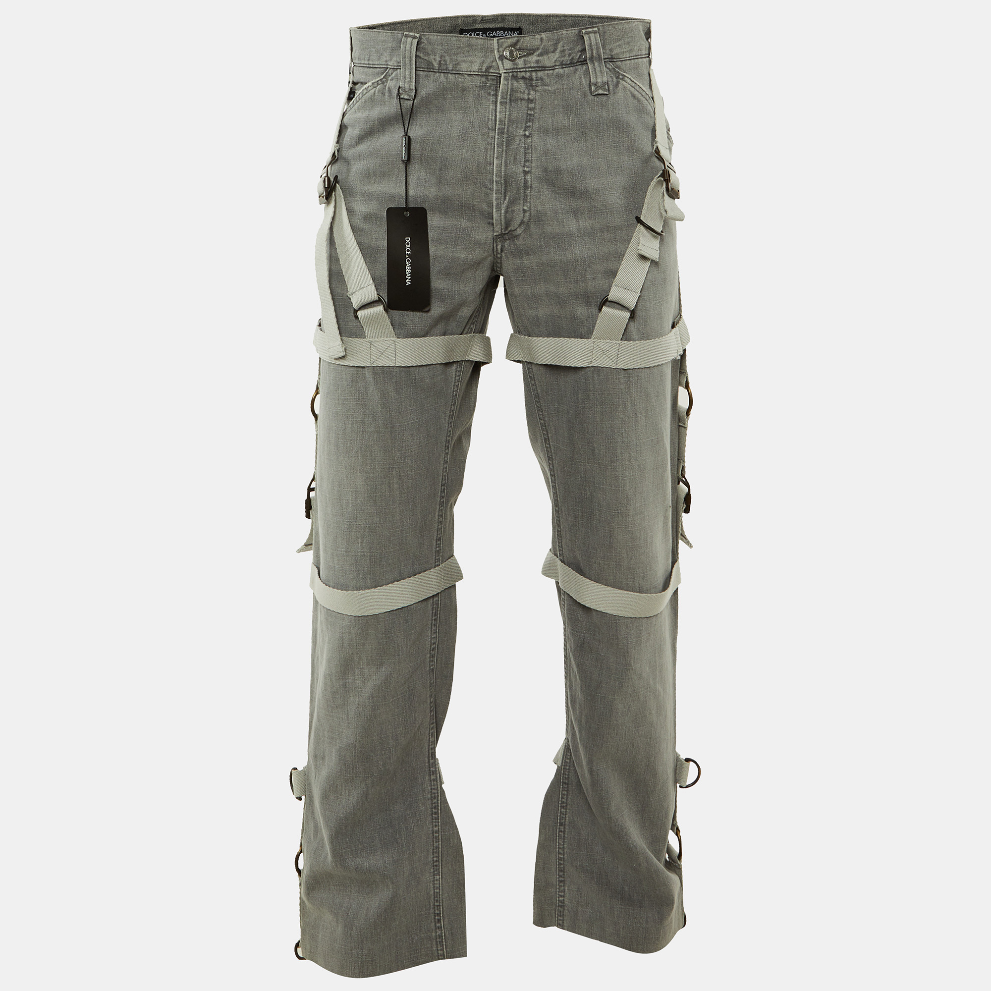 

Dolce & Gabbana Grey Denim Straight Leg Bondage Jeans L Waist 36"