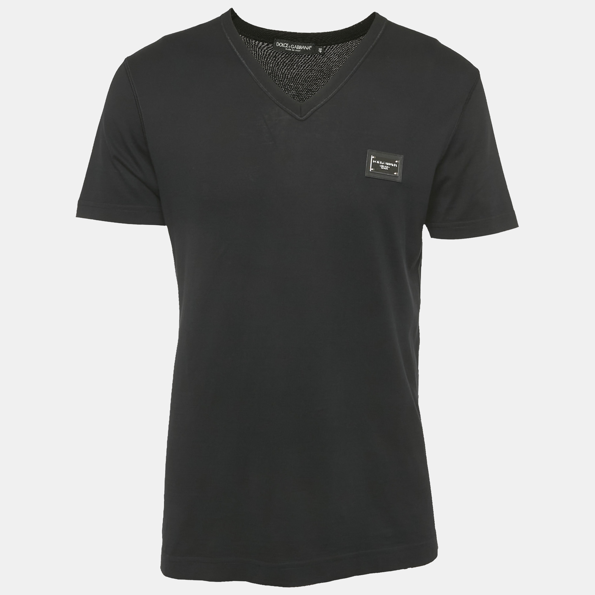 

Dolce & Gabbana Black Cotton Logo Plaque Detail V-Neck T-Shirt M