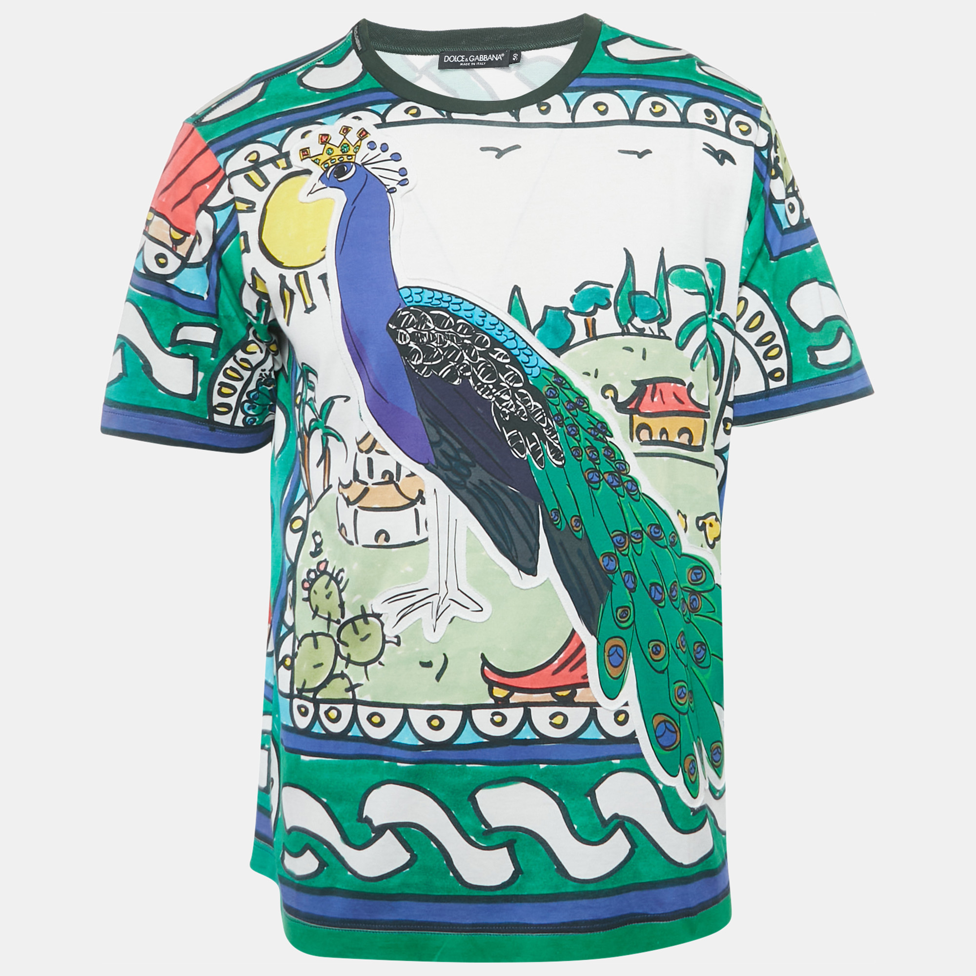 Dolce & Gabbana White Peacock Print Cotton T-Shirt L