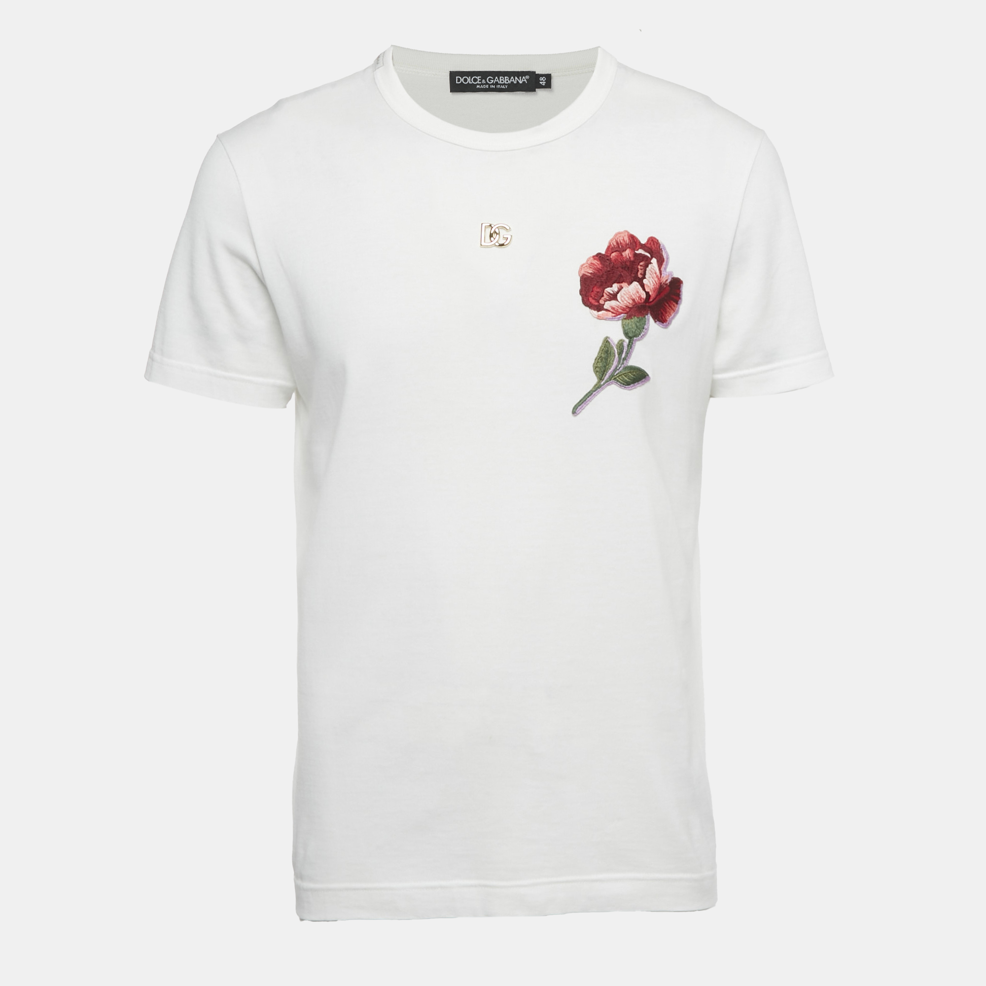 

Dolce & Gabbana White Rose Embroidery Cotton Crew Neck T-Shirt M