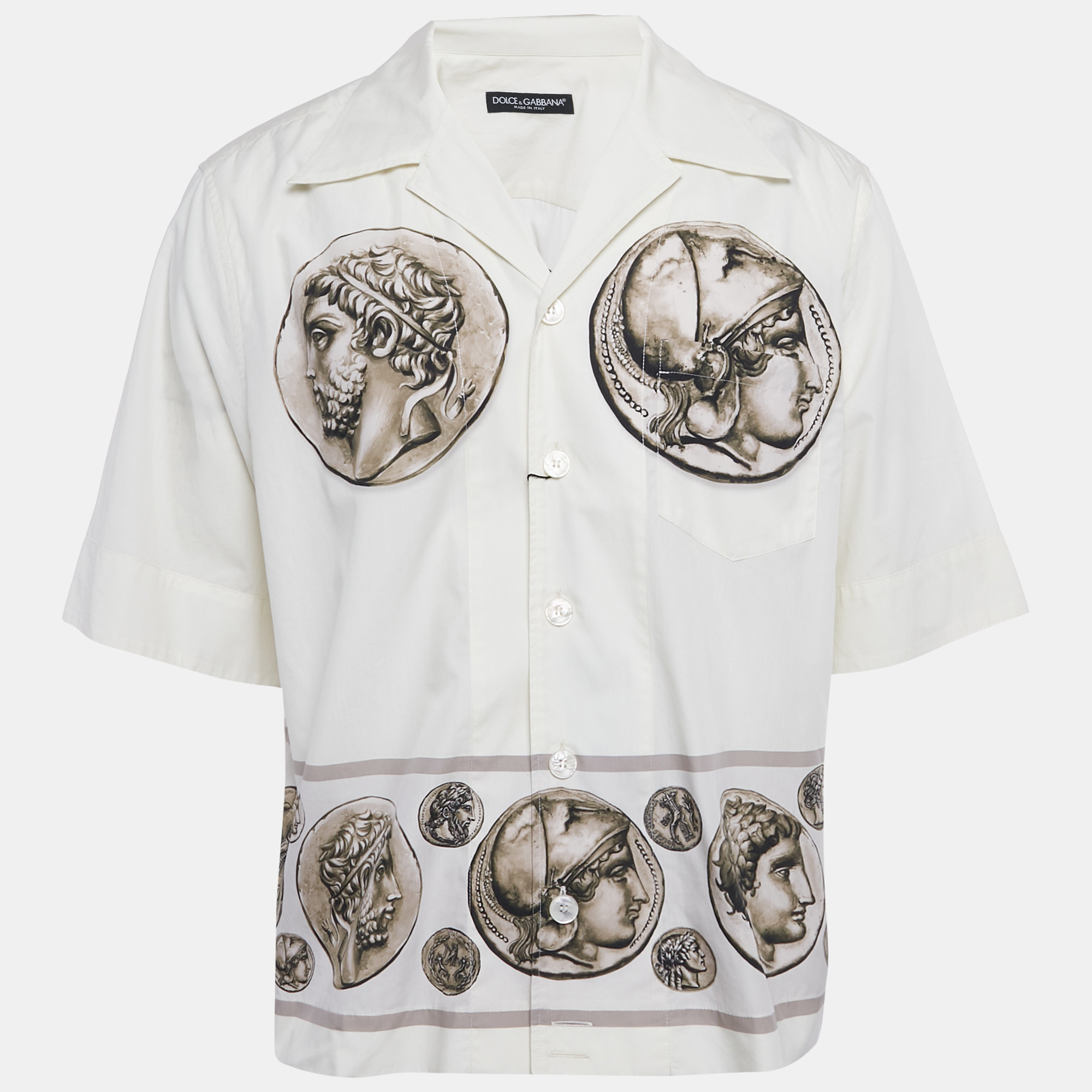 Dolce & Gabbana Off-White Coin Print Cotton Hawaiian Shirt L