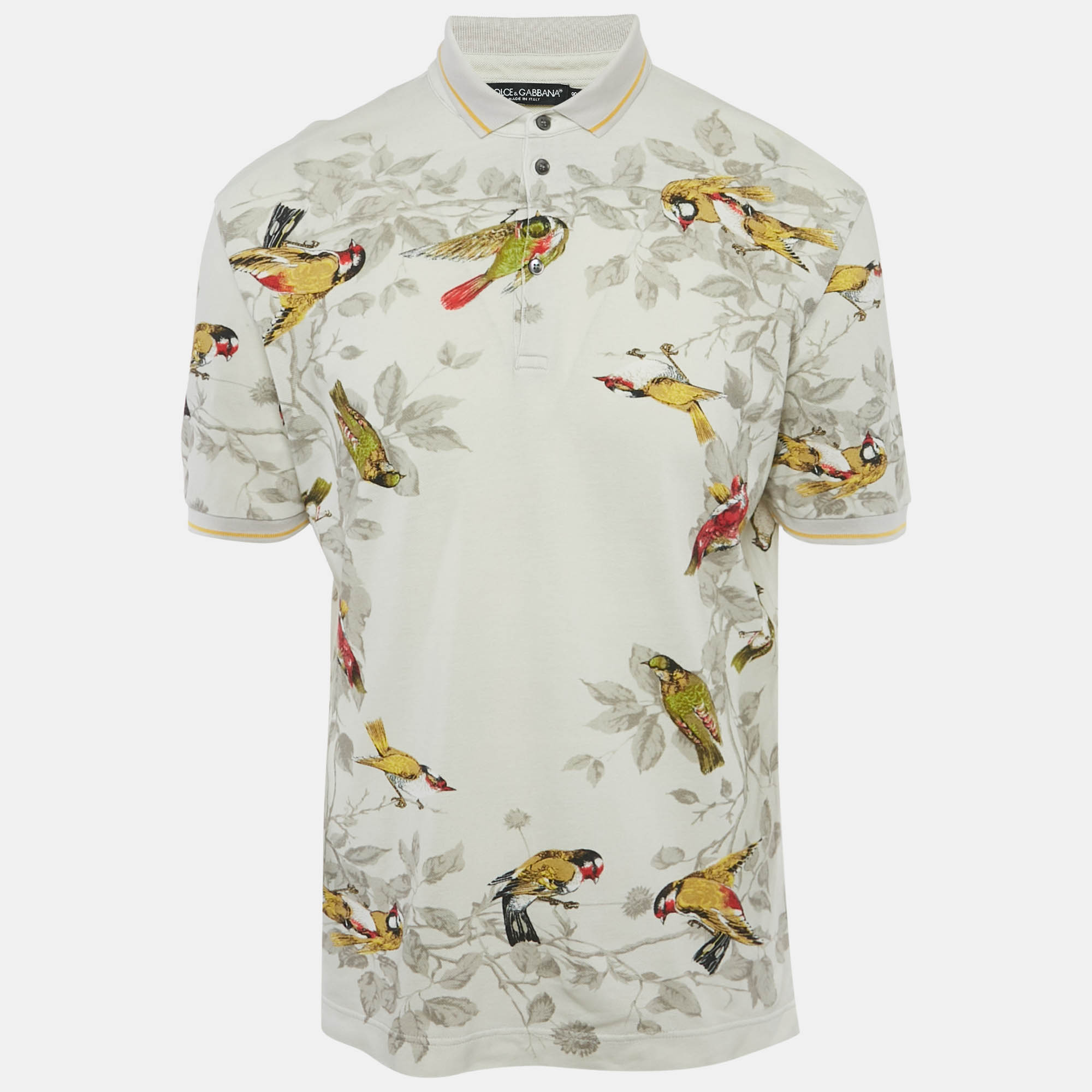 

Dolce & Gabbana Light Grey Bird Print Cotton Pique Polo T-Shirt M