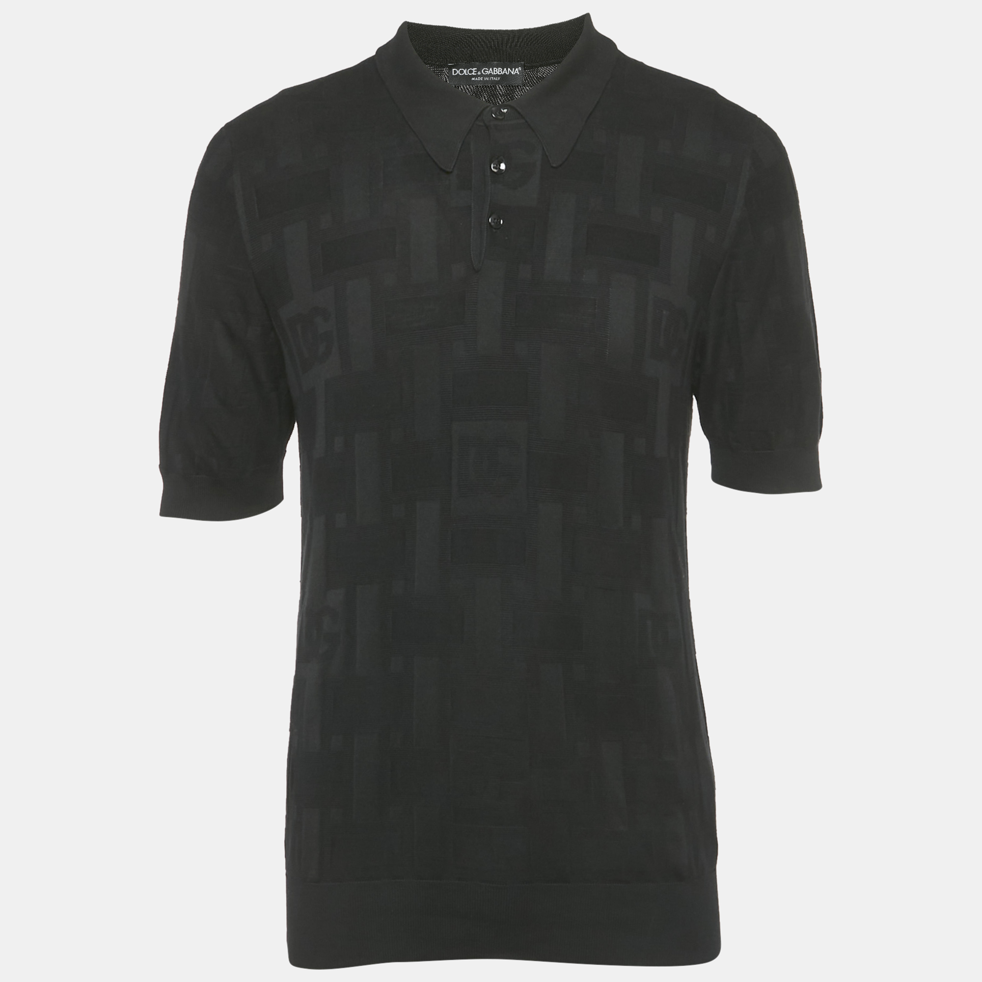 Dolce & Gabbana Black Patterned Silk Jersey Polo T-Shirt XL