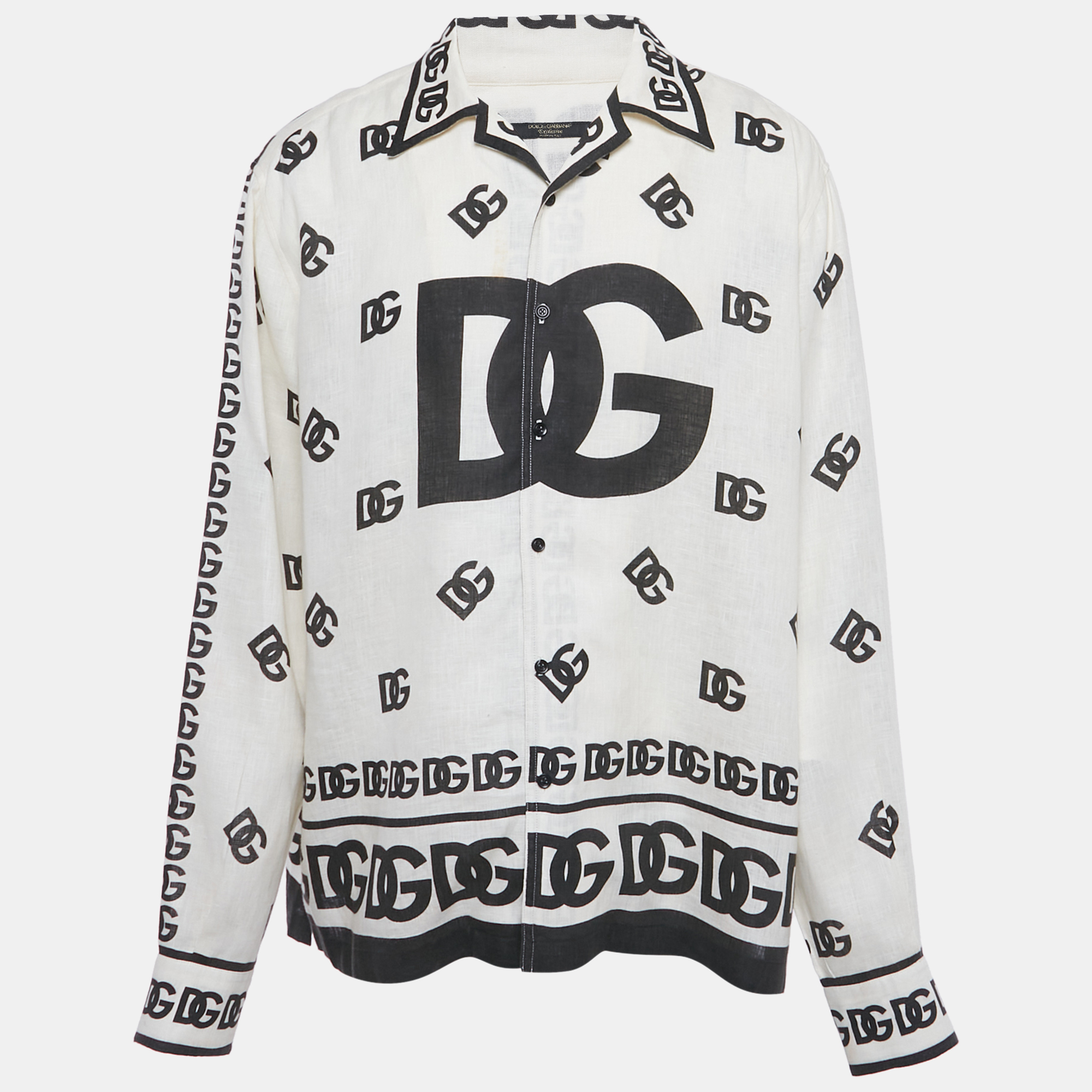 Pre-owned Dolce & Gabbana Off White Logo Print Linen Long Sleeve Shirt Xs