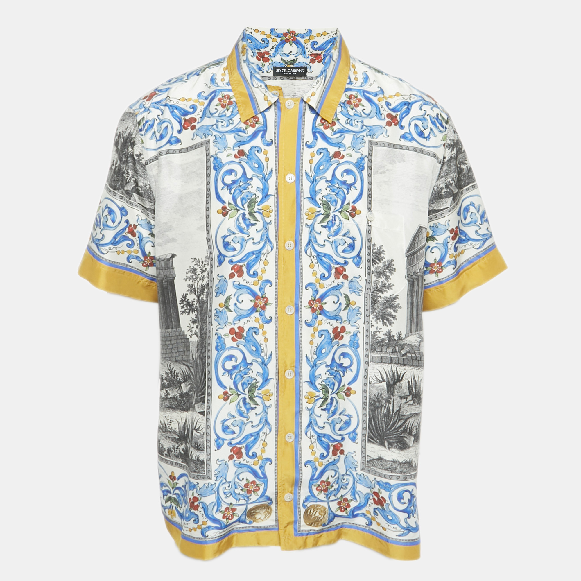 

Dolce & Gabbana Blue Printed Silk Short Sleeve Shirt XL