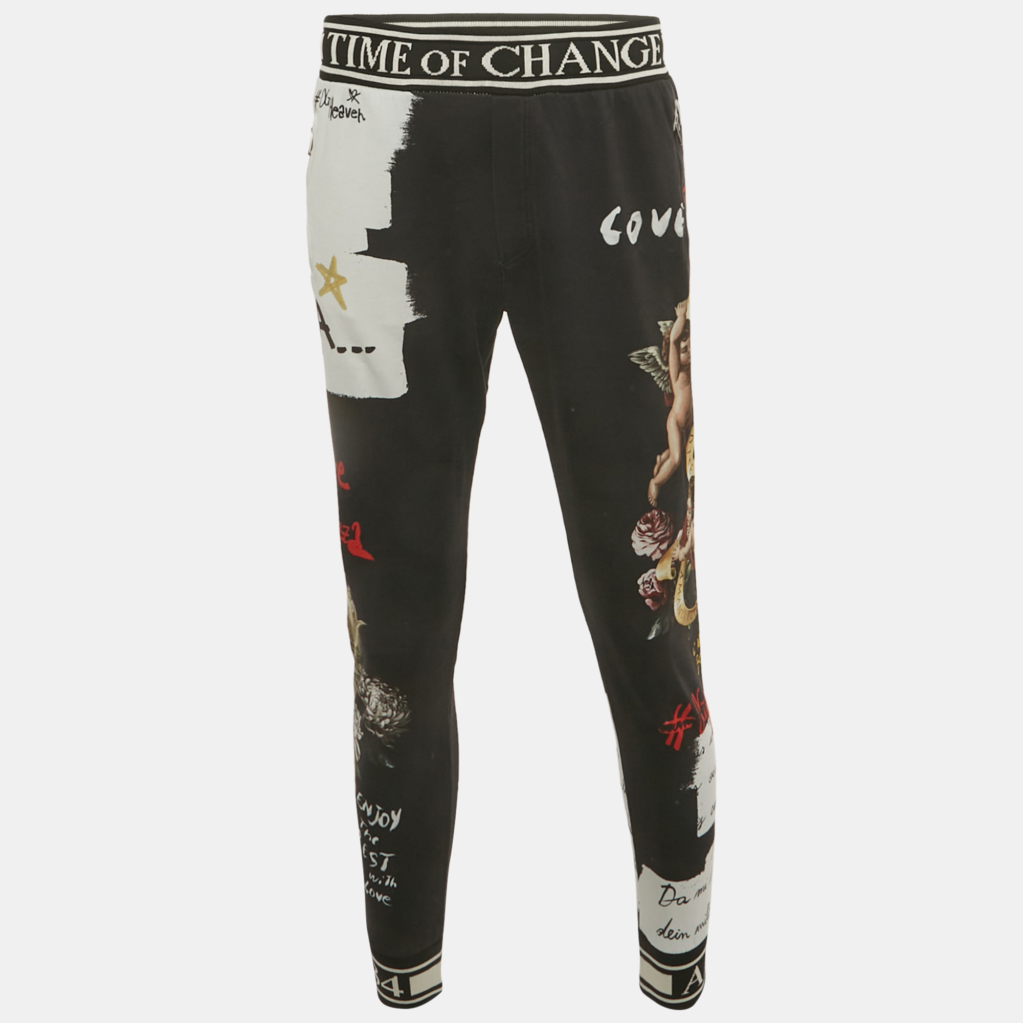 Pre-owned Dolce & Gabbana Black Printed Cotton Jogger Pants L