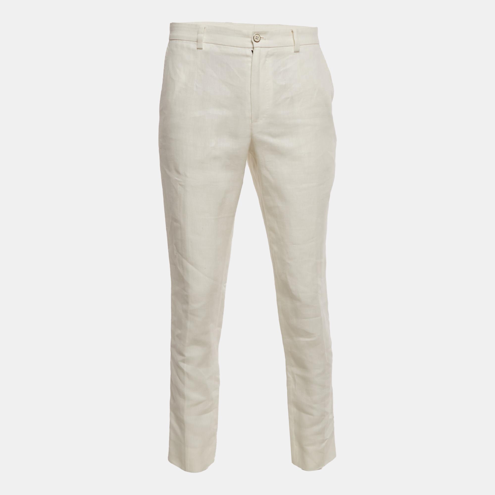 Pre-owned Dolce & Gabbana White Linen Trousers L