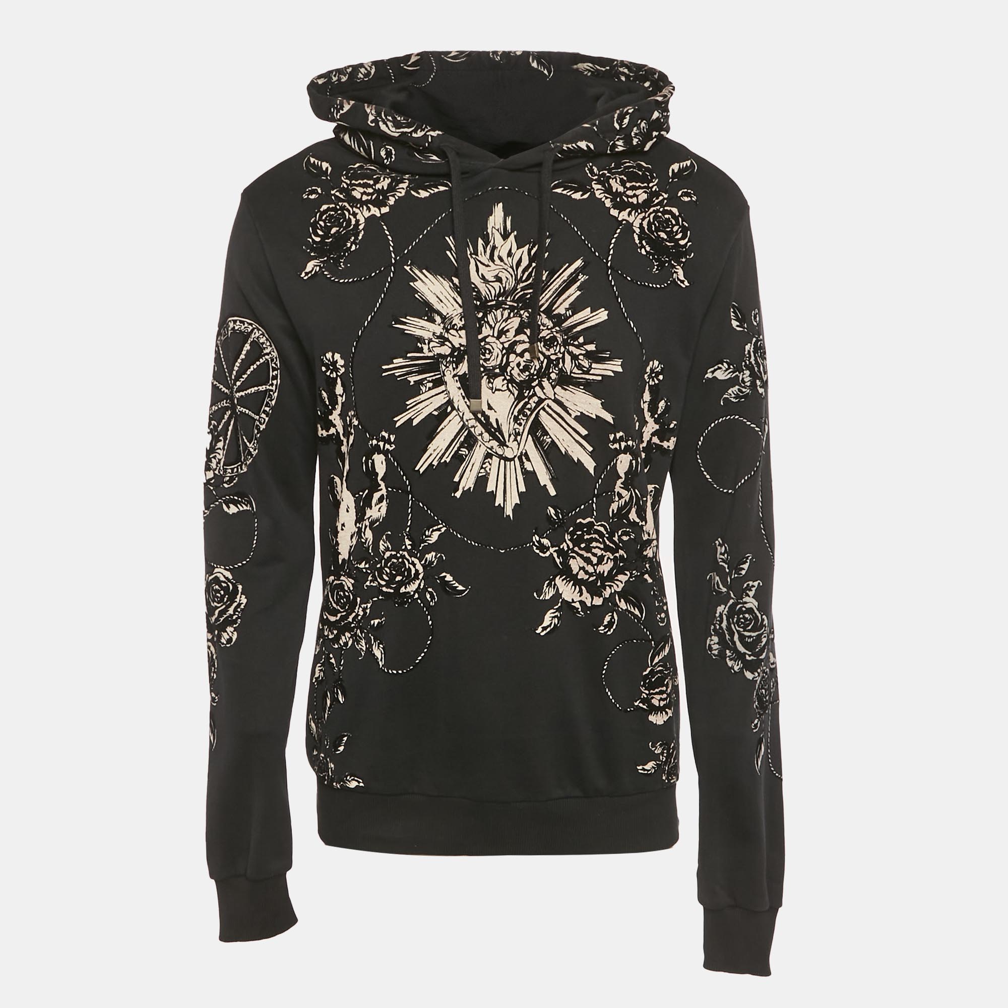 Pre-owned Dolce & Gabbana Black Floral Flocked Cotton Hoodie M