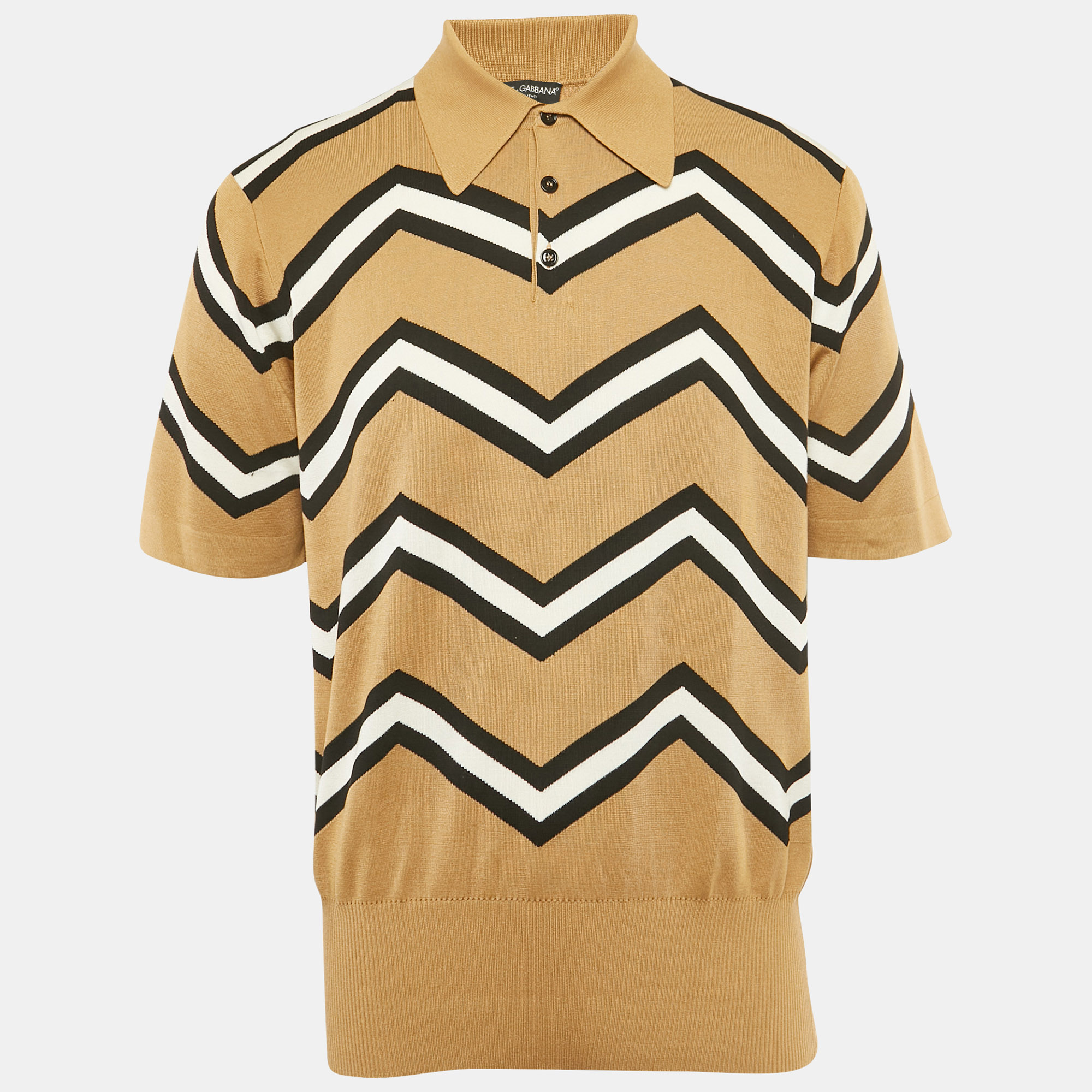 

Dolce & Gabbana Beige Chevron Jersey Polo T-Shirt XXL